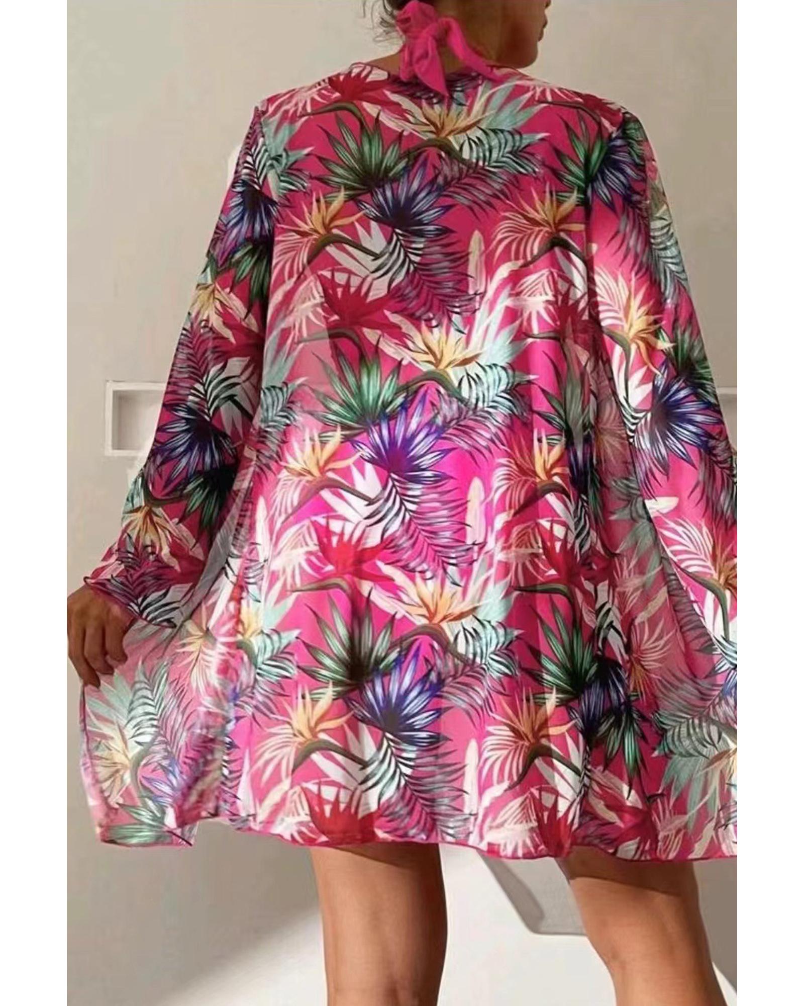 Rose Red 3pcs Tropical Contrast Trim Halter Bikini Set with Cover up - XL