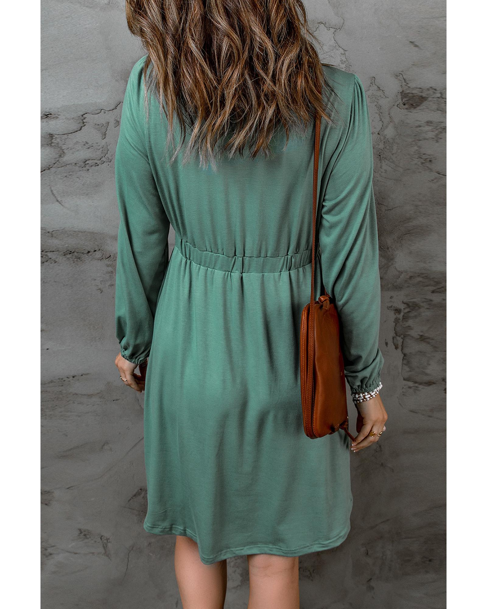 Green Button Up High Waist Long Sleeve Dress - M