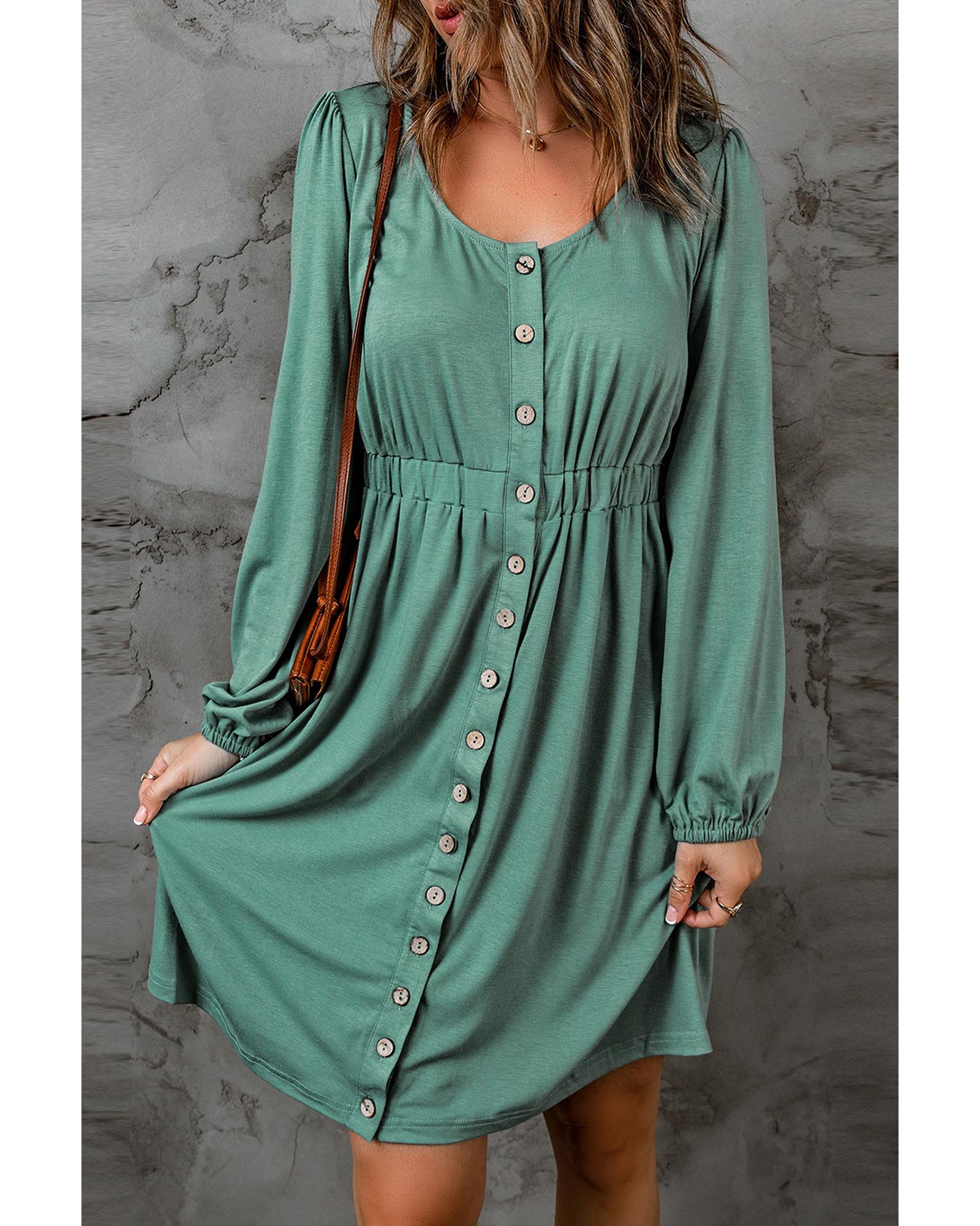 Green Button Up High Waist Long Sleeve Dress - XL