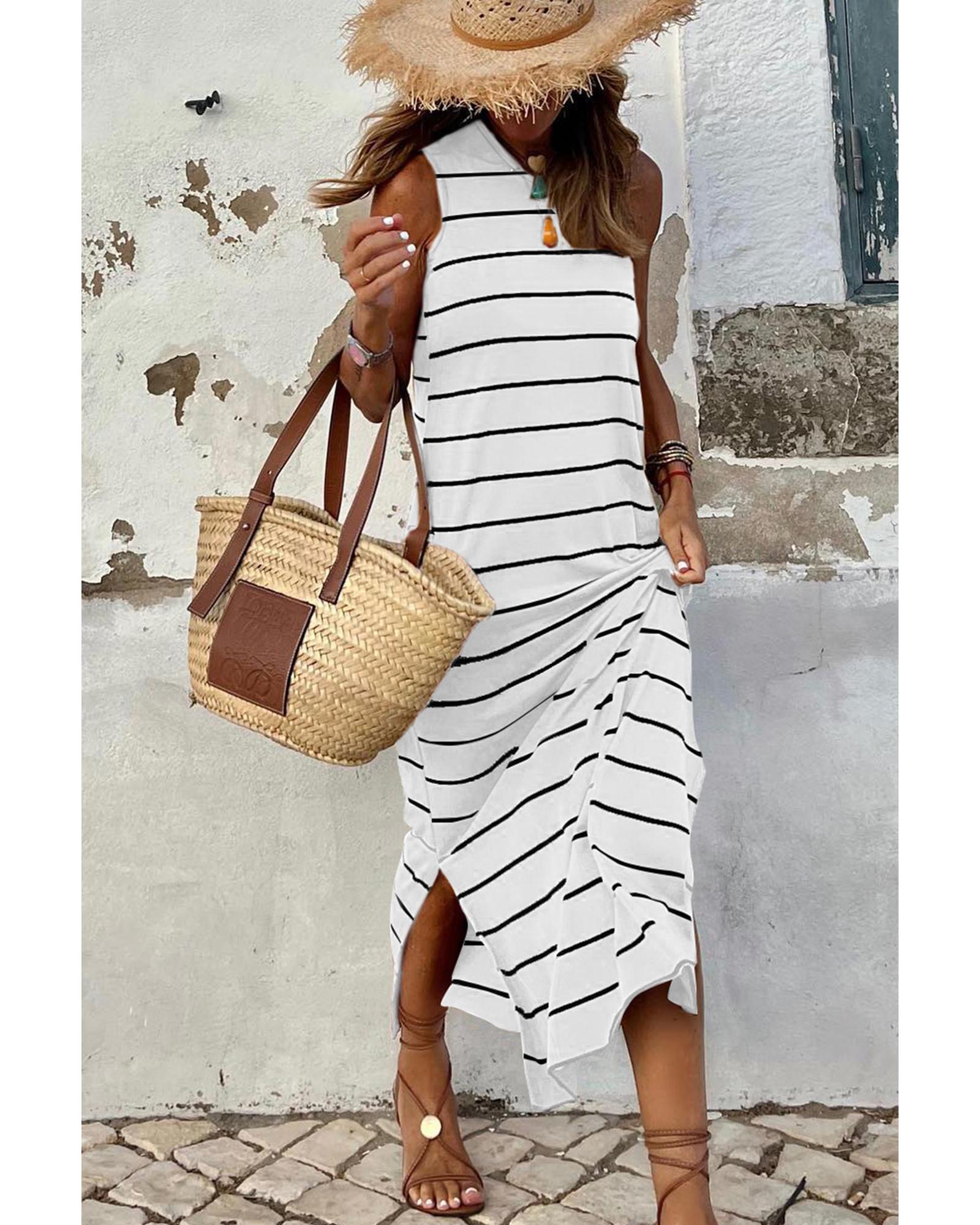 White Stripe Print Open Back Sleeveless Maxi Dress with Slits - XL