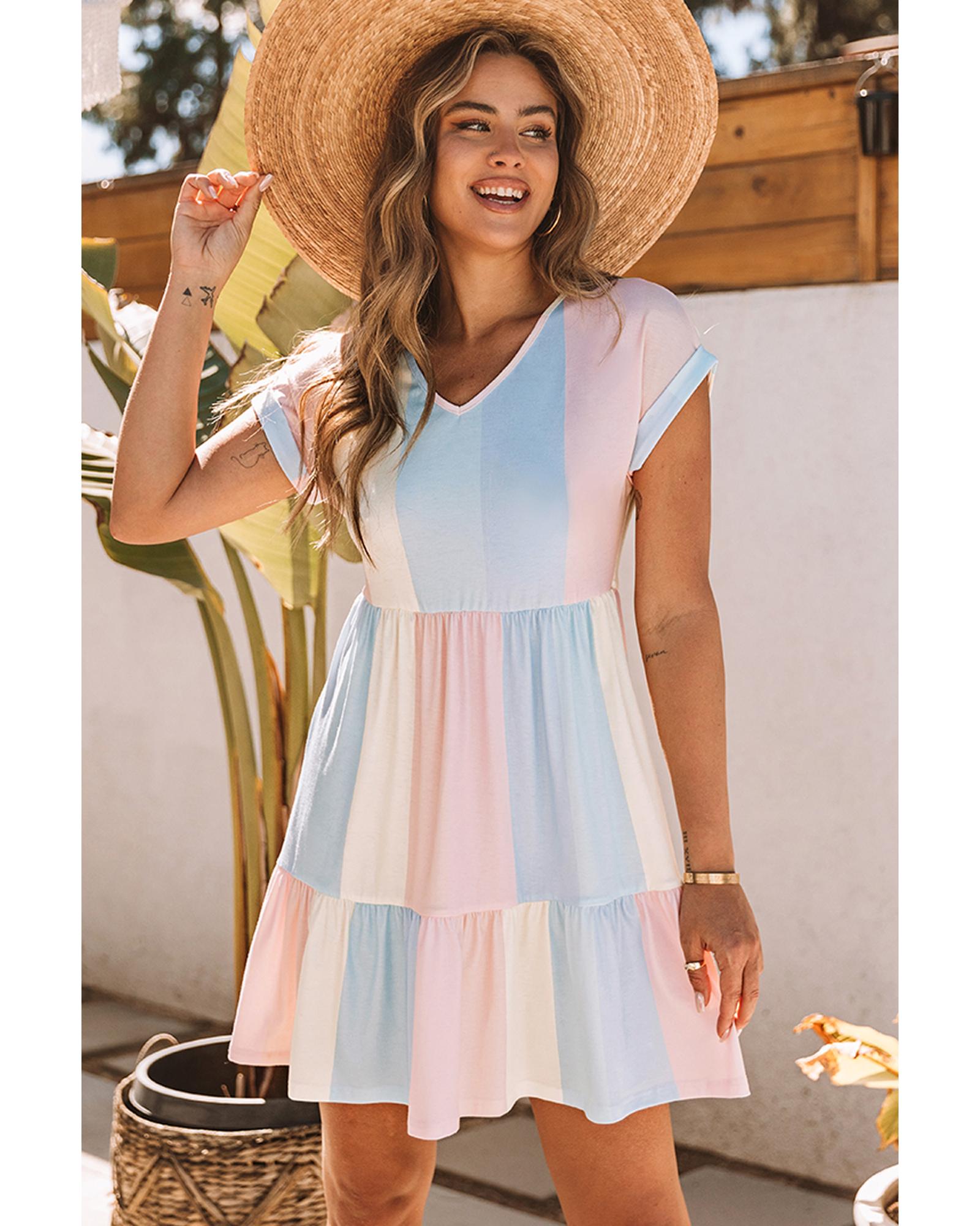 Azura Exchange Multicolor Striped Color Block Tiered Mini Dress - M