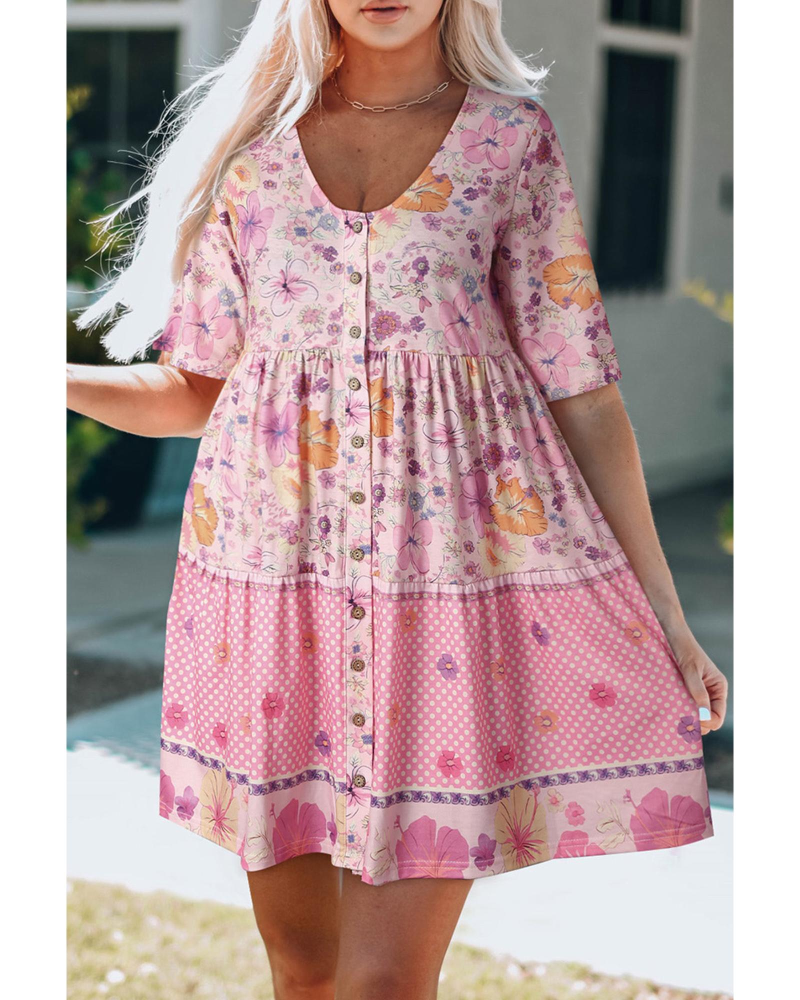 Multicolor Hibiscus Floral Print Ruffle Mini Dress - L