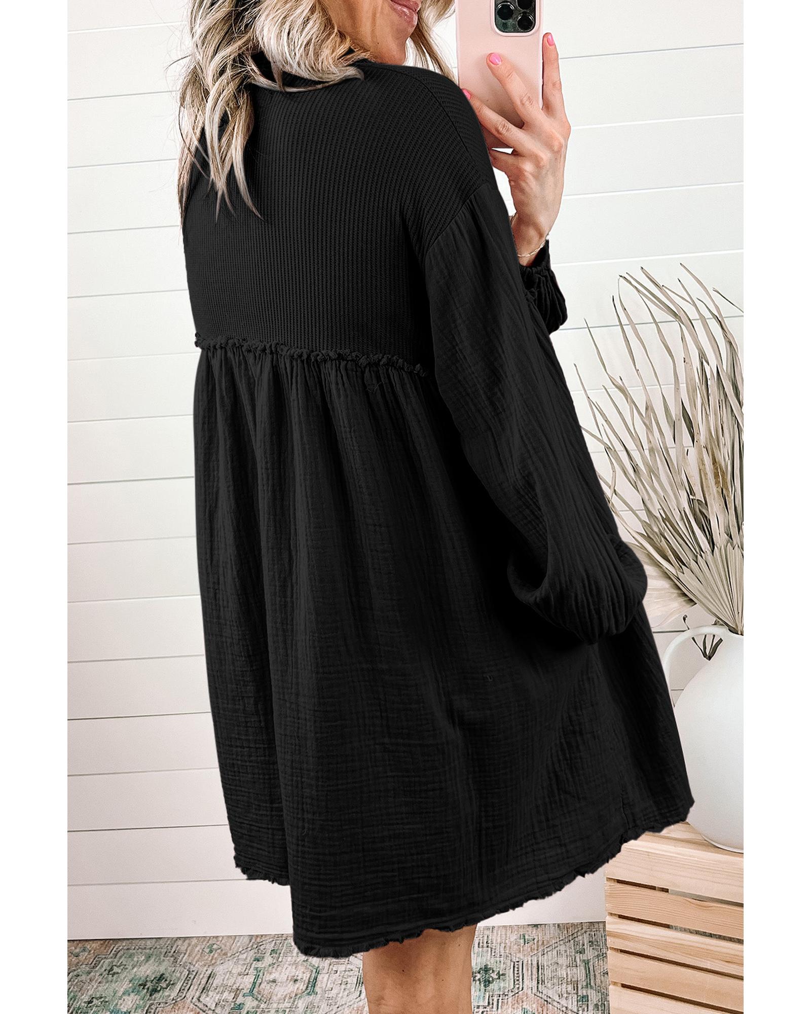 Azura Exchange Black Patchwork Crinkle Puff Sleeve Shirt Dress - XL