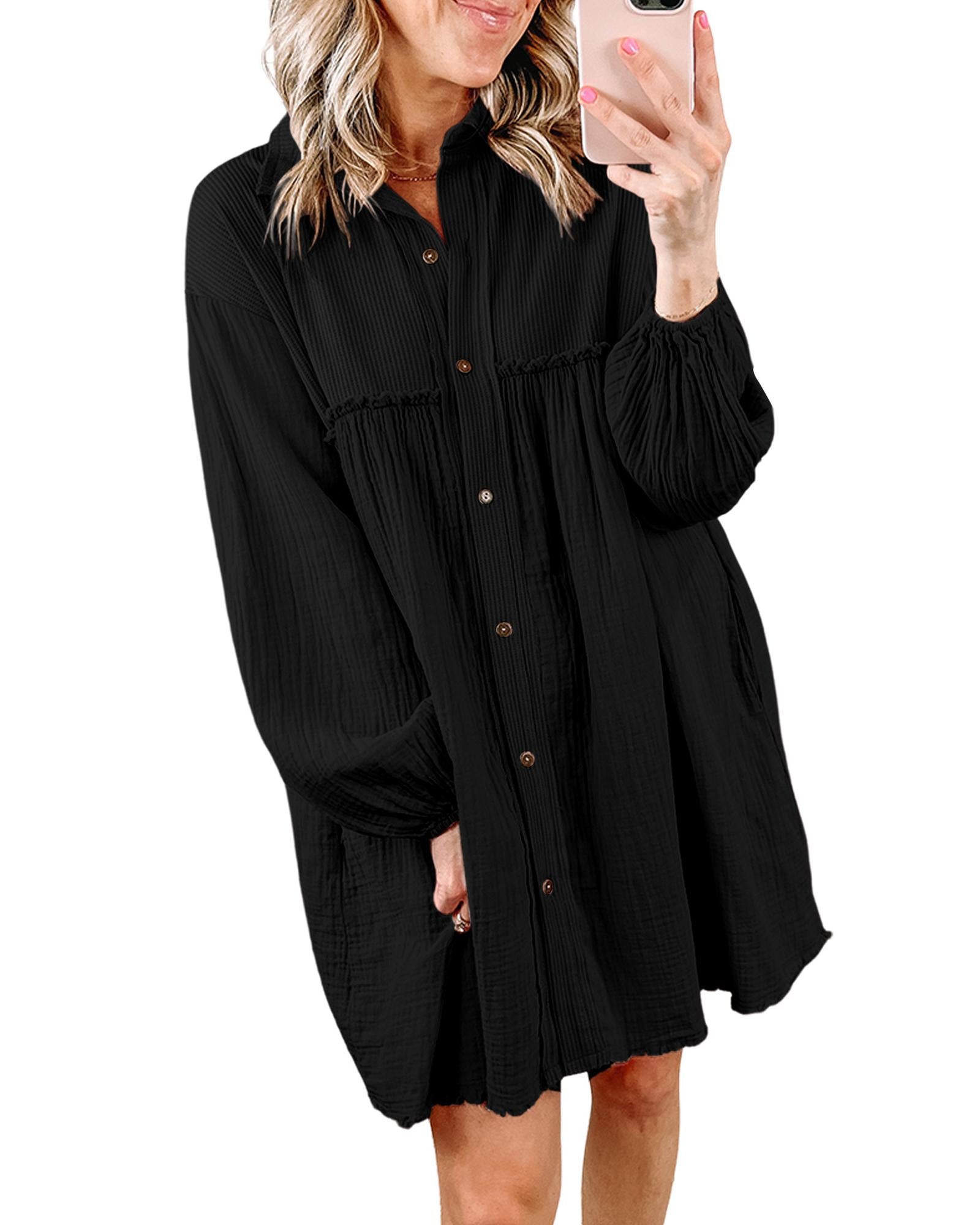 Azura Exchange Black Patchwork Crinkle Puff Sleeve Shirt Dress - XL