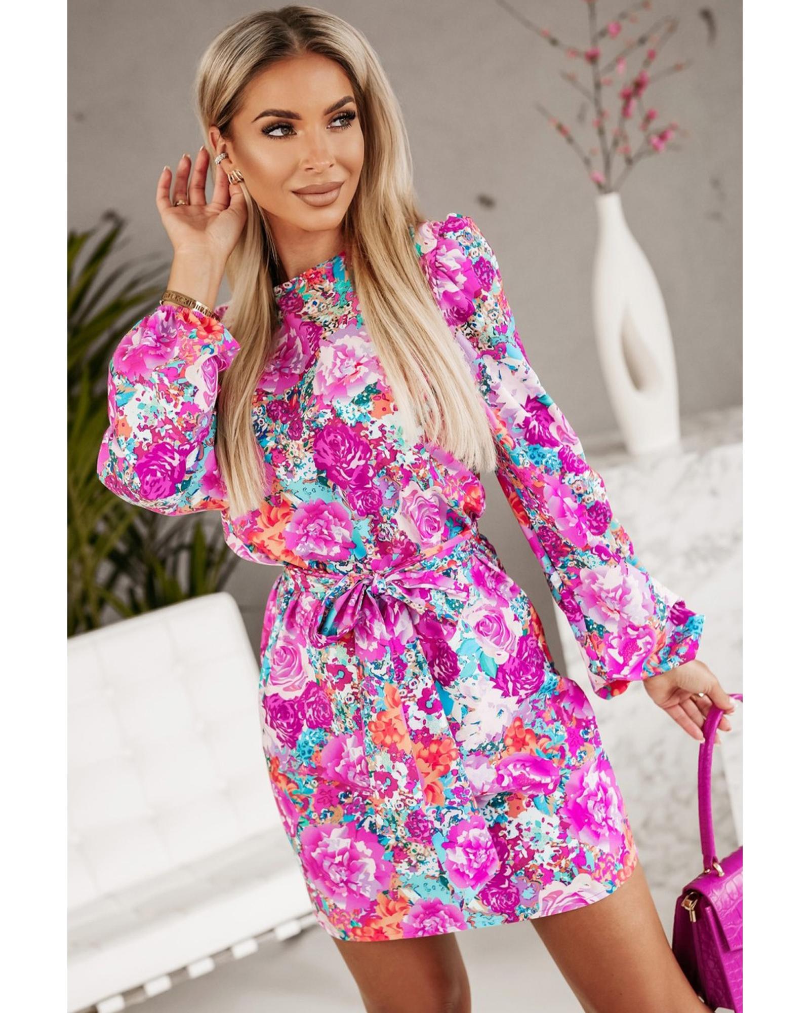 Azura Exchange Purple Floral Keyhole Back Long Sleeve Belted Dress - M