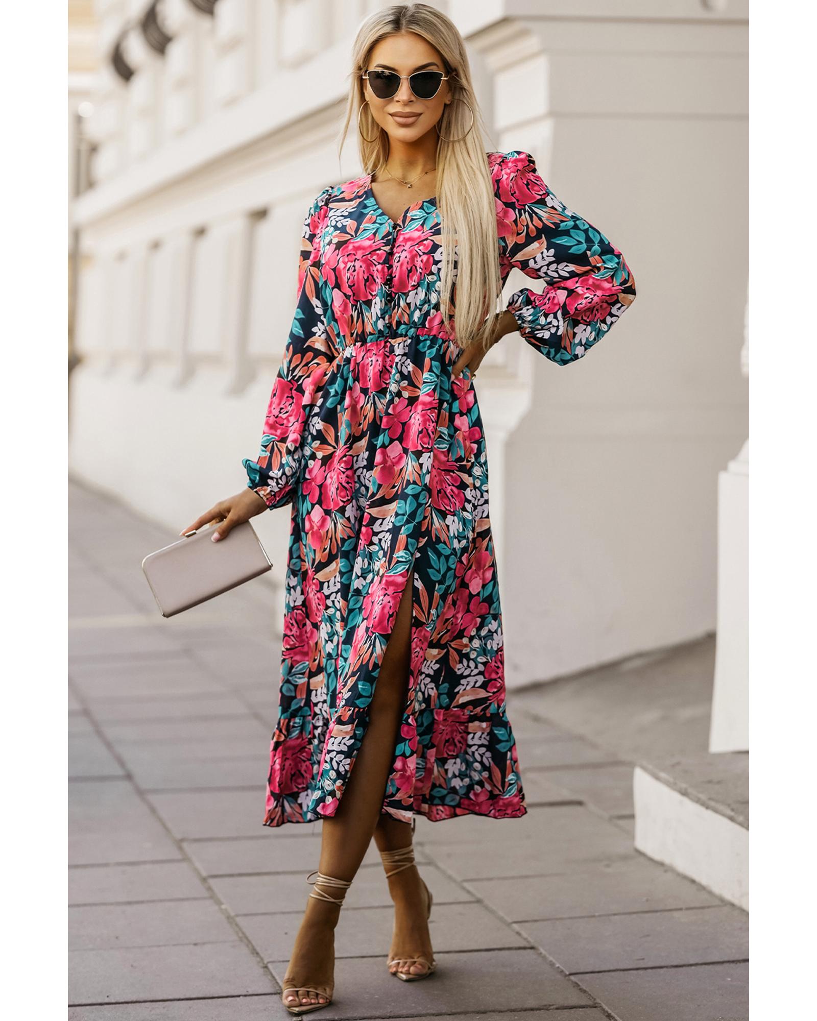 Azura Exchange Red V Neck Elastic High Waist Split Floral Dress - L