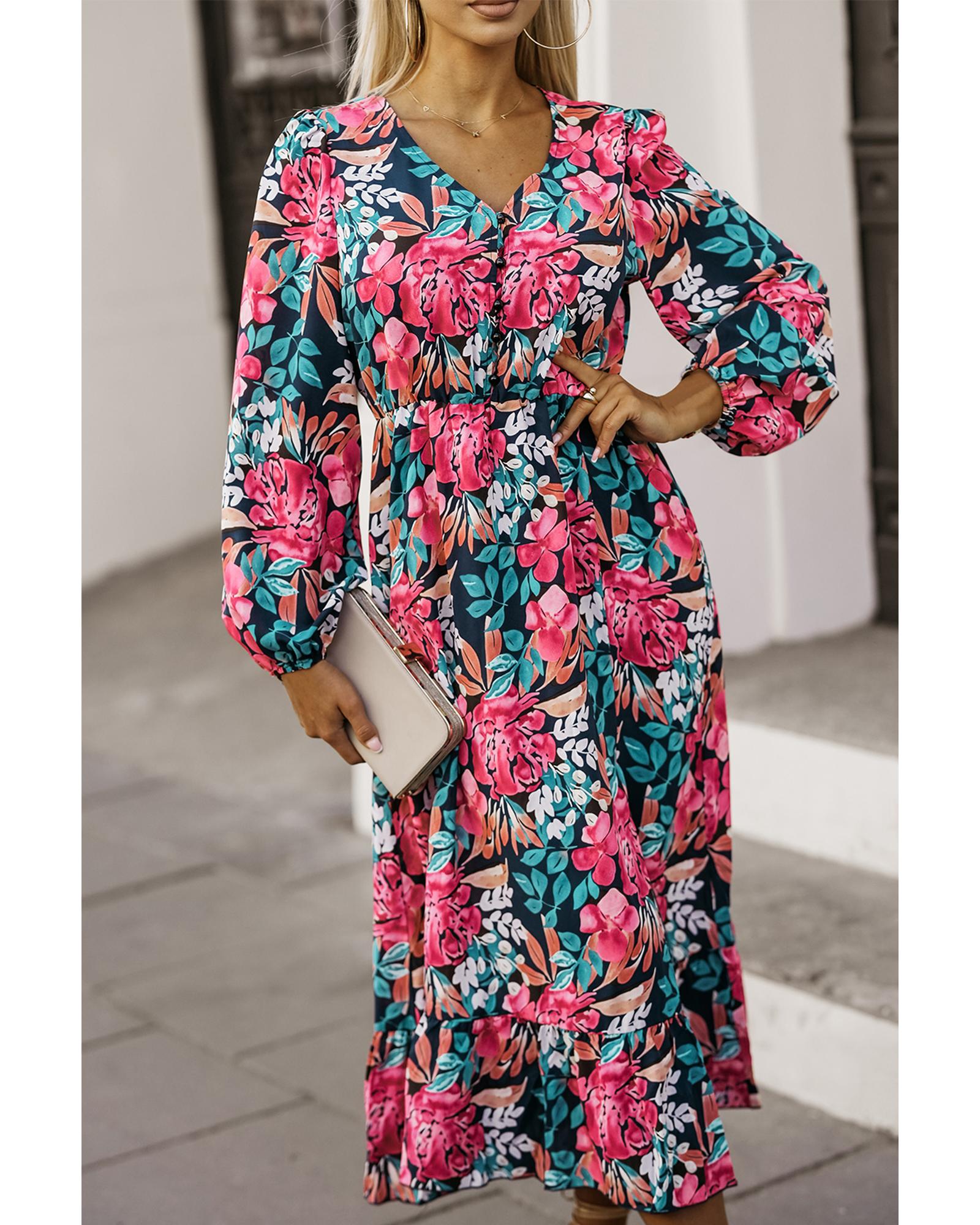 Azura Exchange Red V Neck Elastic High Waist Split Floral Dress - M