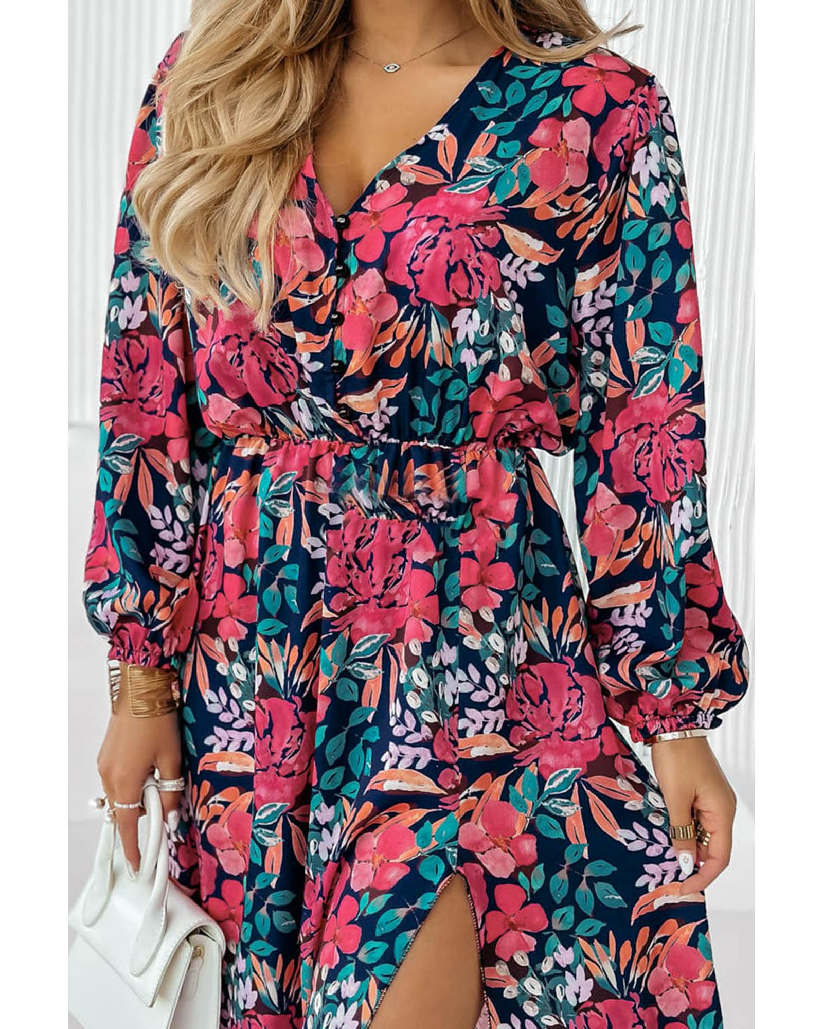 Azura Exchange Red V Neck Elastic High Waist Split Floral Dress - M