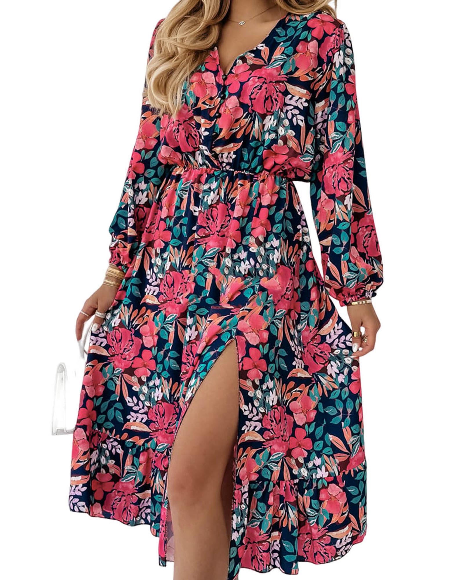 Azura Exchange Red V Neck Elastic High Waist Split Floral Dress - M