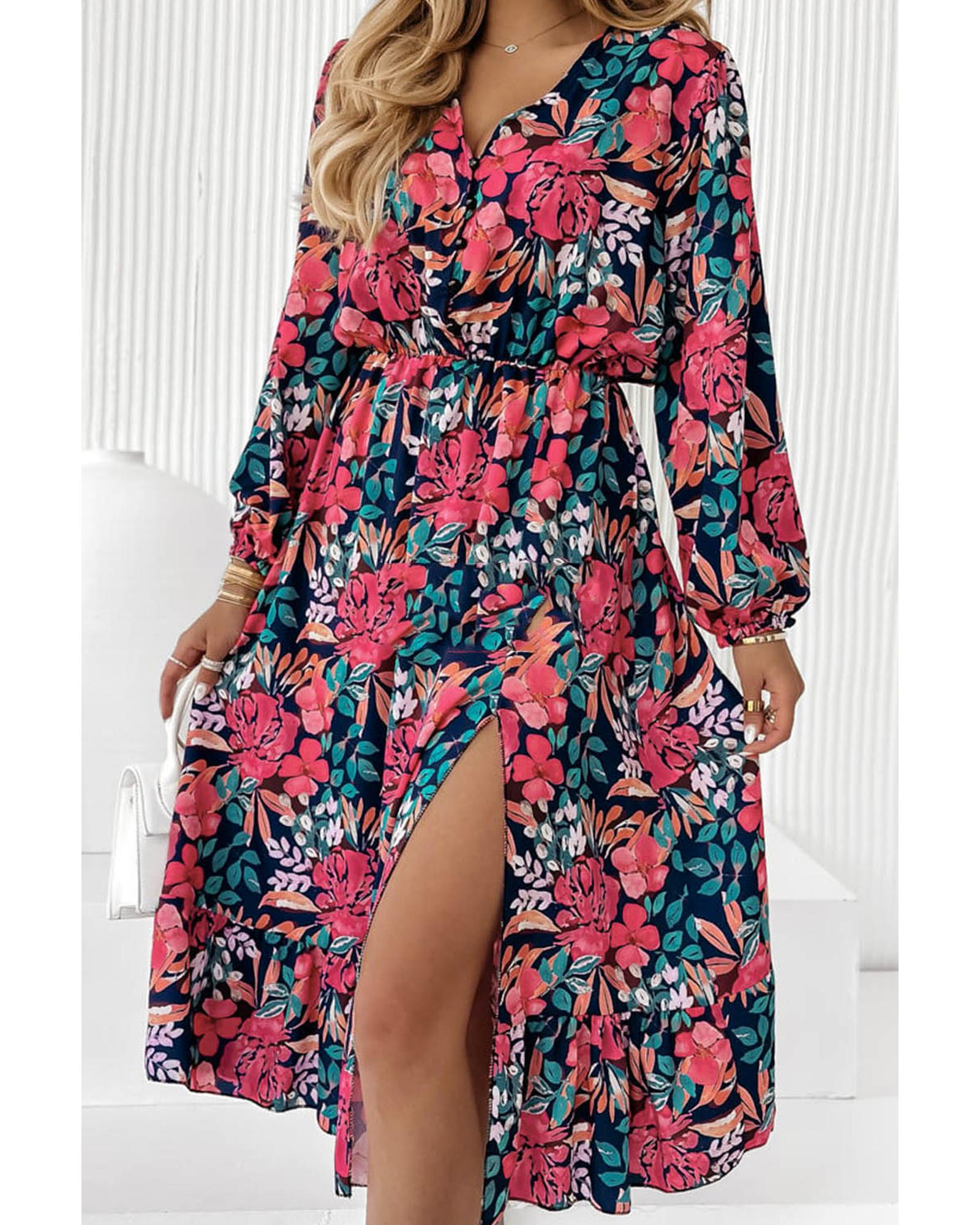 Azura Exchange Red V Neck Elastic High Waist Split Floral Dress - M