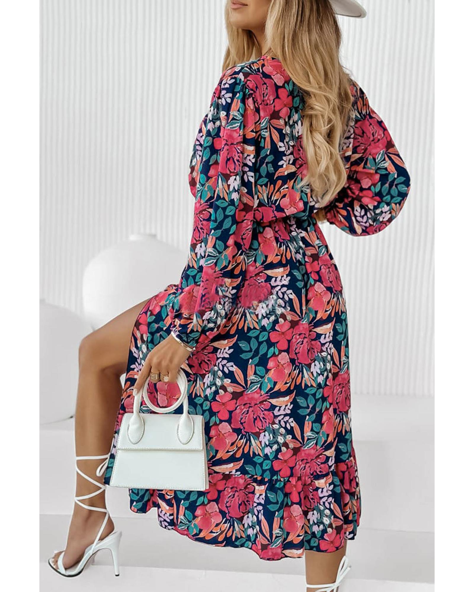 Azura Exchange Red V Neck Elastic High Waist Split Floral Dress - M