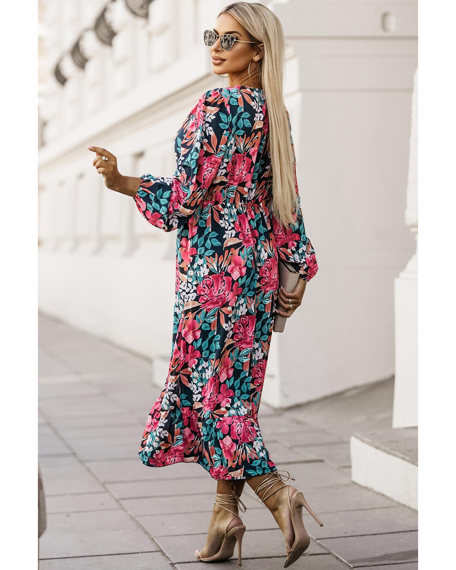 Azura Exchange Red V Neck Elastic High Waist Split Floral Dress - S