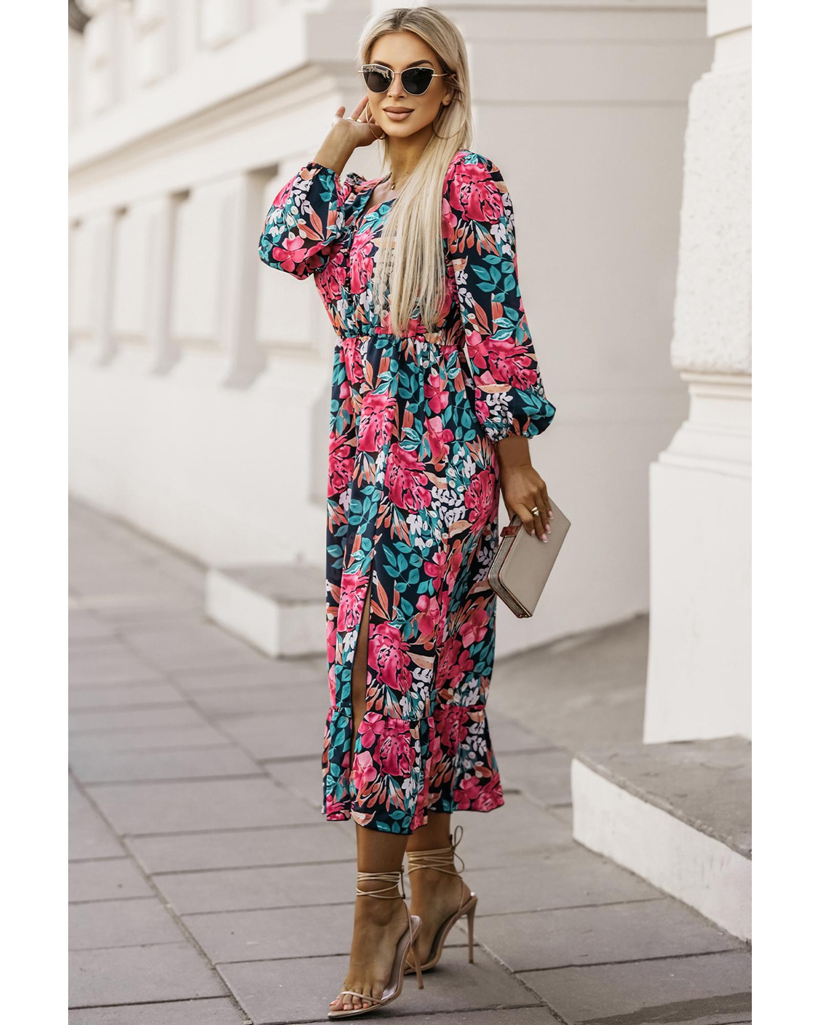 Azura Exchange Red V Neck Elastic High Waist Split Floral Dress - S