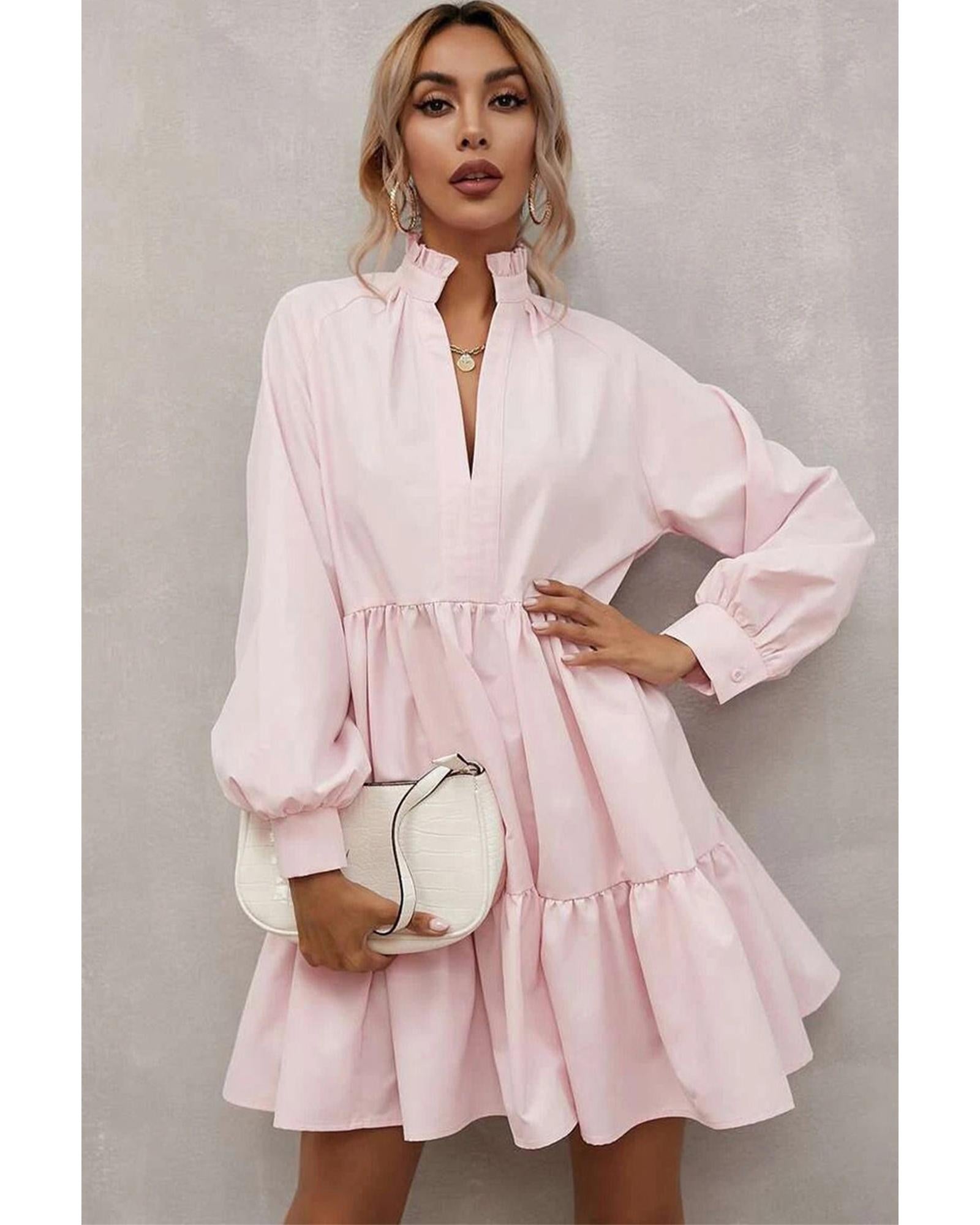 Pink Frilled Stand Collar Long Sleeve Ruffle Dress - L