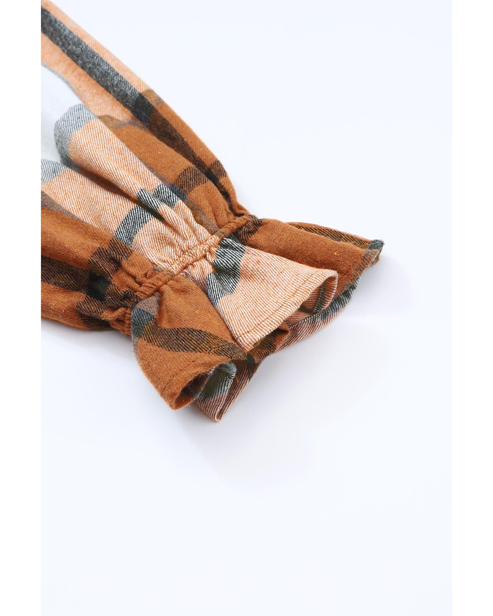 Khaki Plaid Pattern Collared Neck Ruffled Sleeve Shirt Dress - L