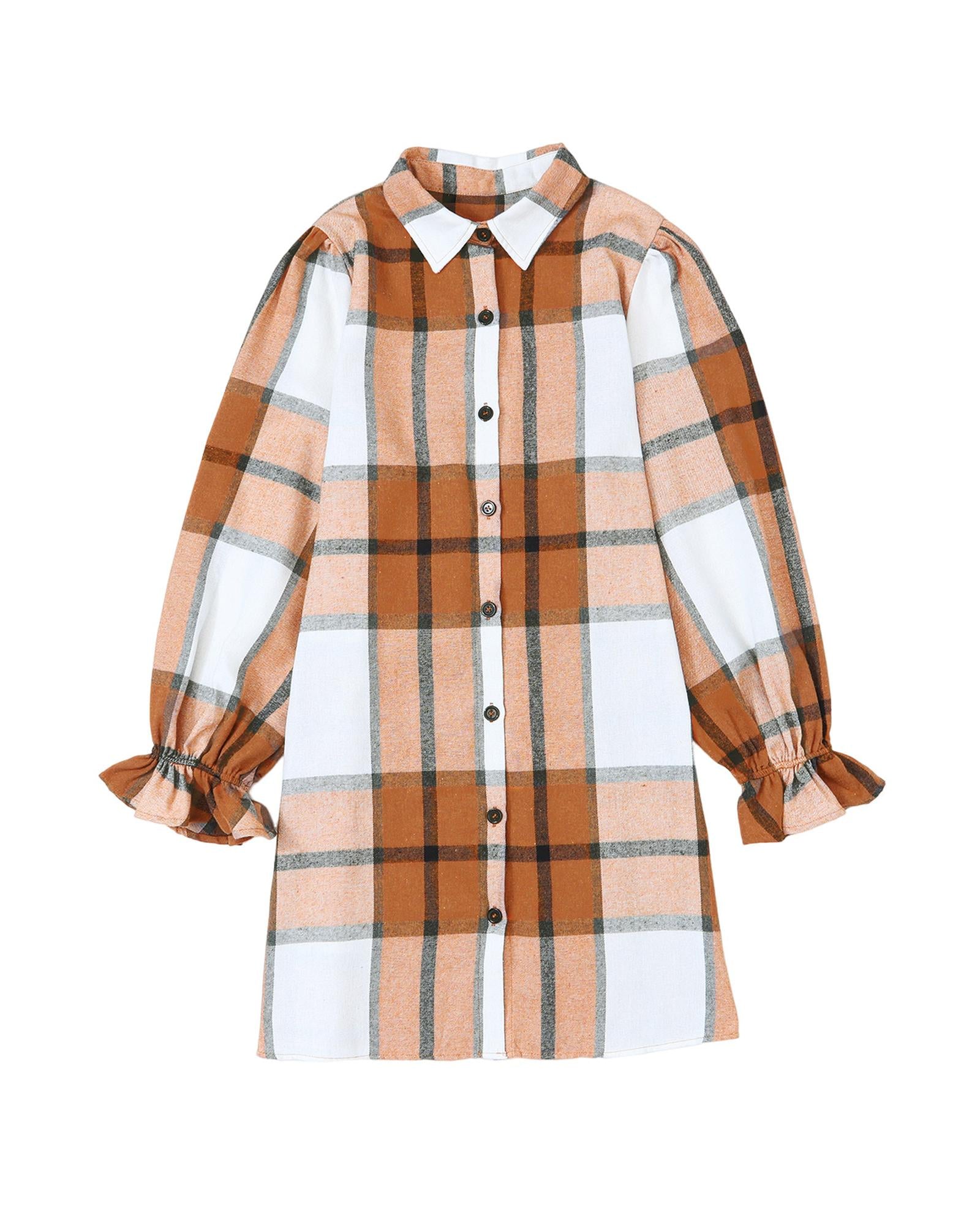 Khaki Plaid Pattern Collared Neck Ruffled Sleeve Shirt Dress - M