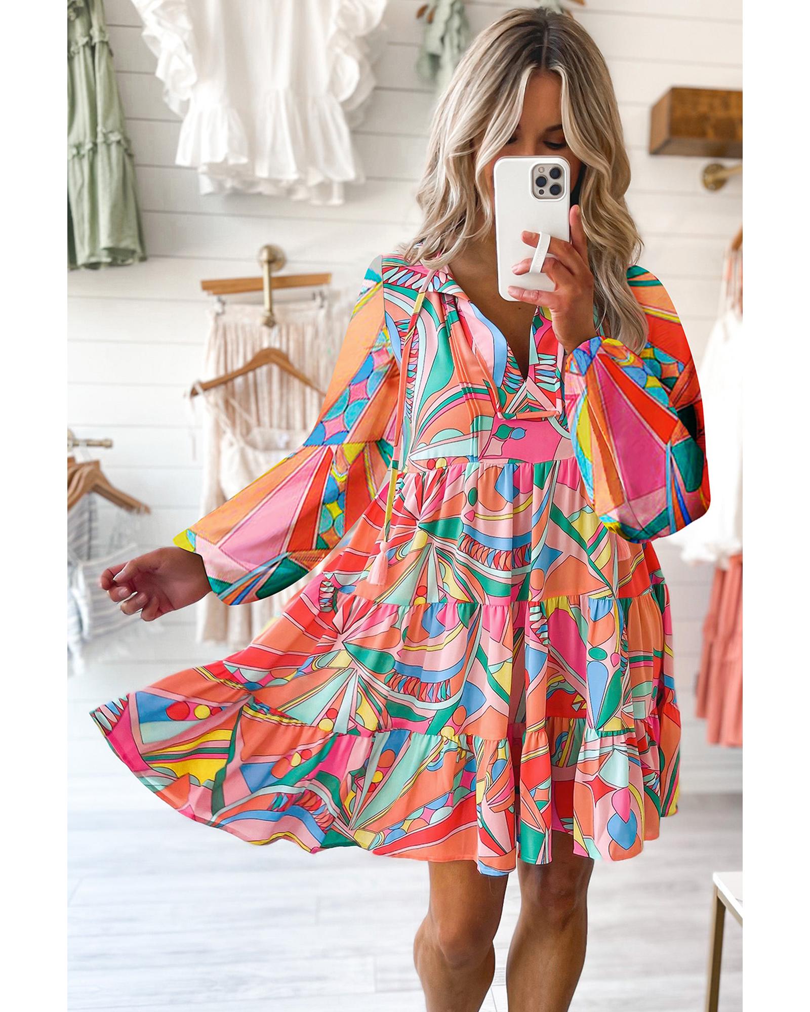 Multicolor Geometric Print Split Neck Ruffle Tiered Mini Dress - L