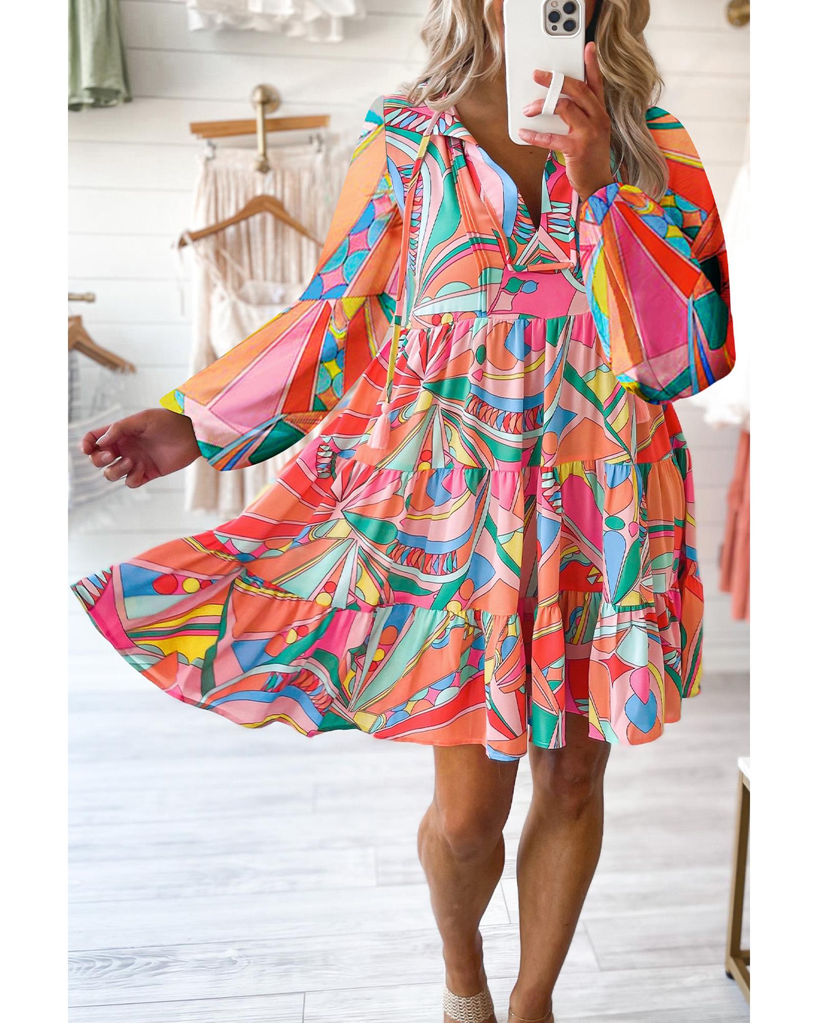 Multicolor Geometric Print Split Neck Ruffle Tiered Mini Dress - L