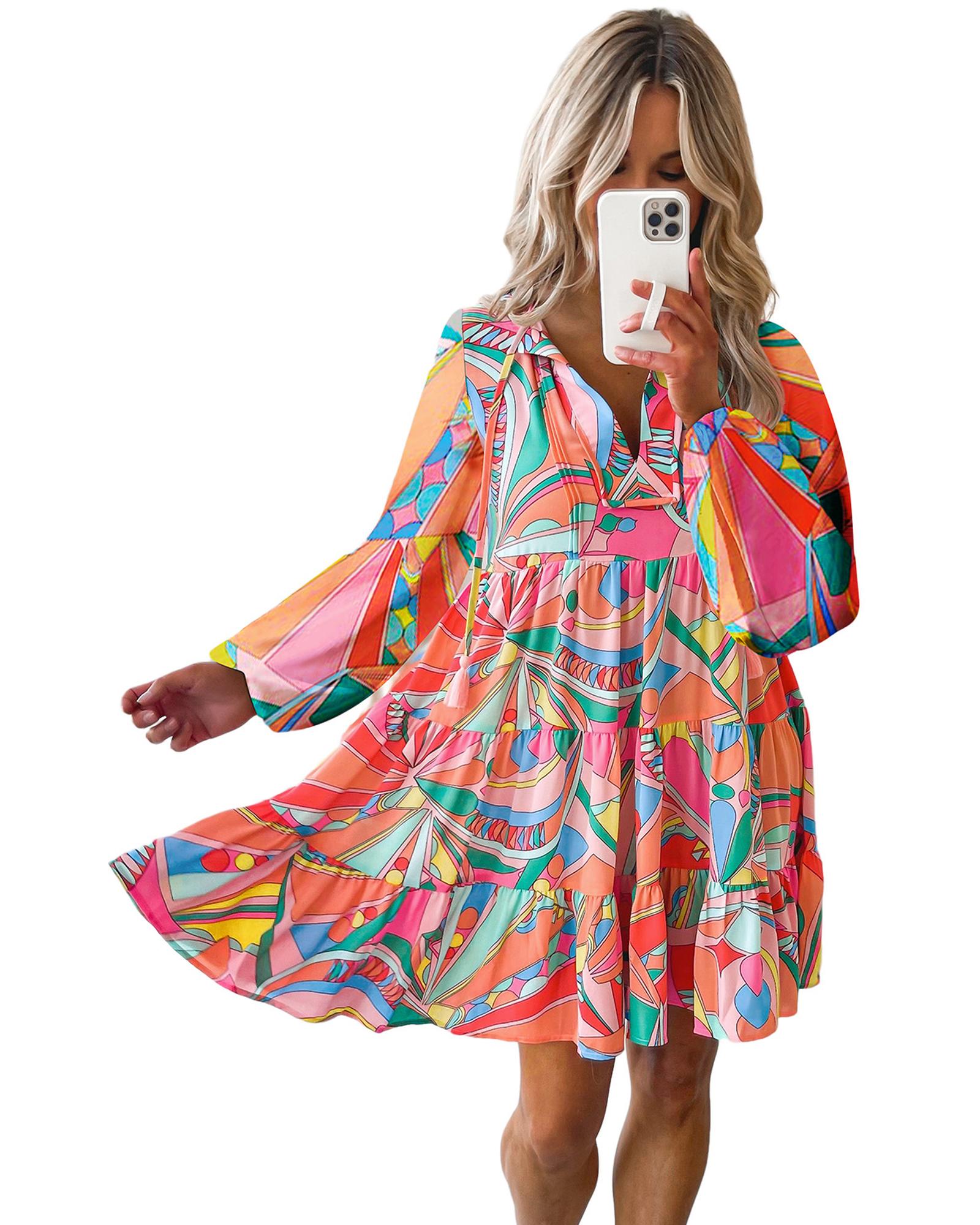 Multicolor Geometric Print Split Neck Ruffle Tiered Mini Dress - L