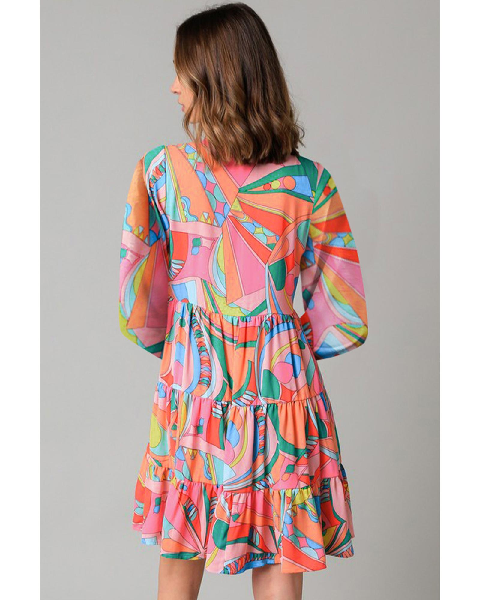 Multicolor Geometric Print Split Neck Ruffle Tiered Mini Dress - M