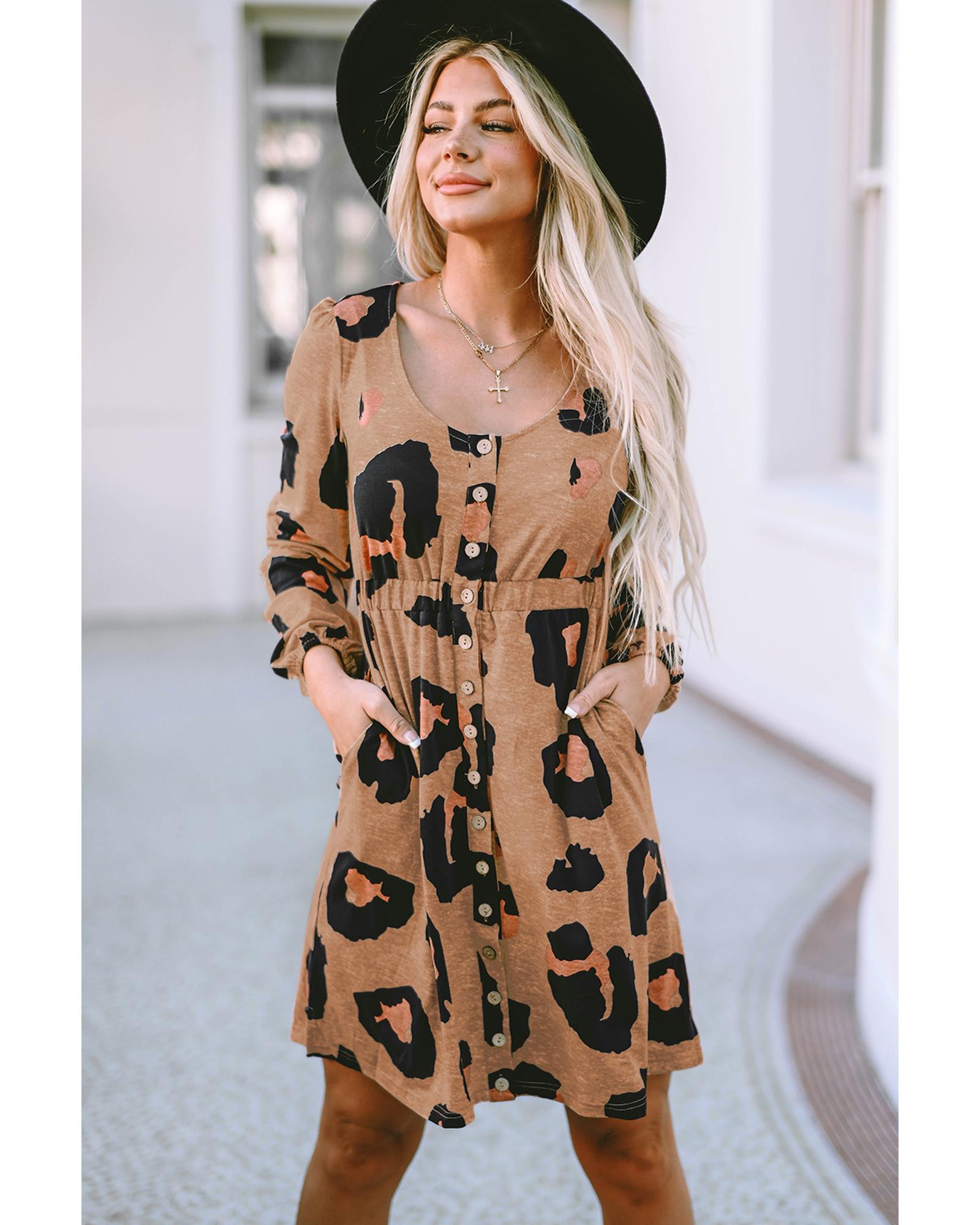 Leopard Print Button Front Bubble Sleeve Loose Knit Dress - XL