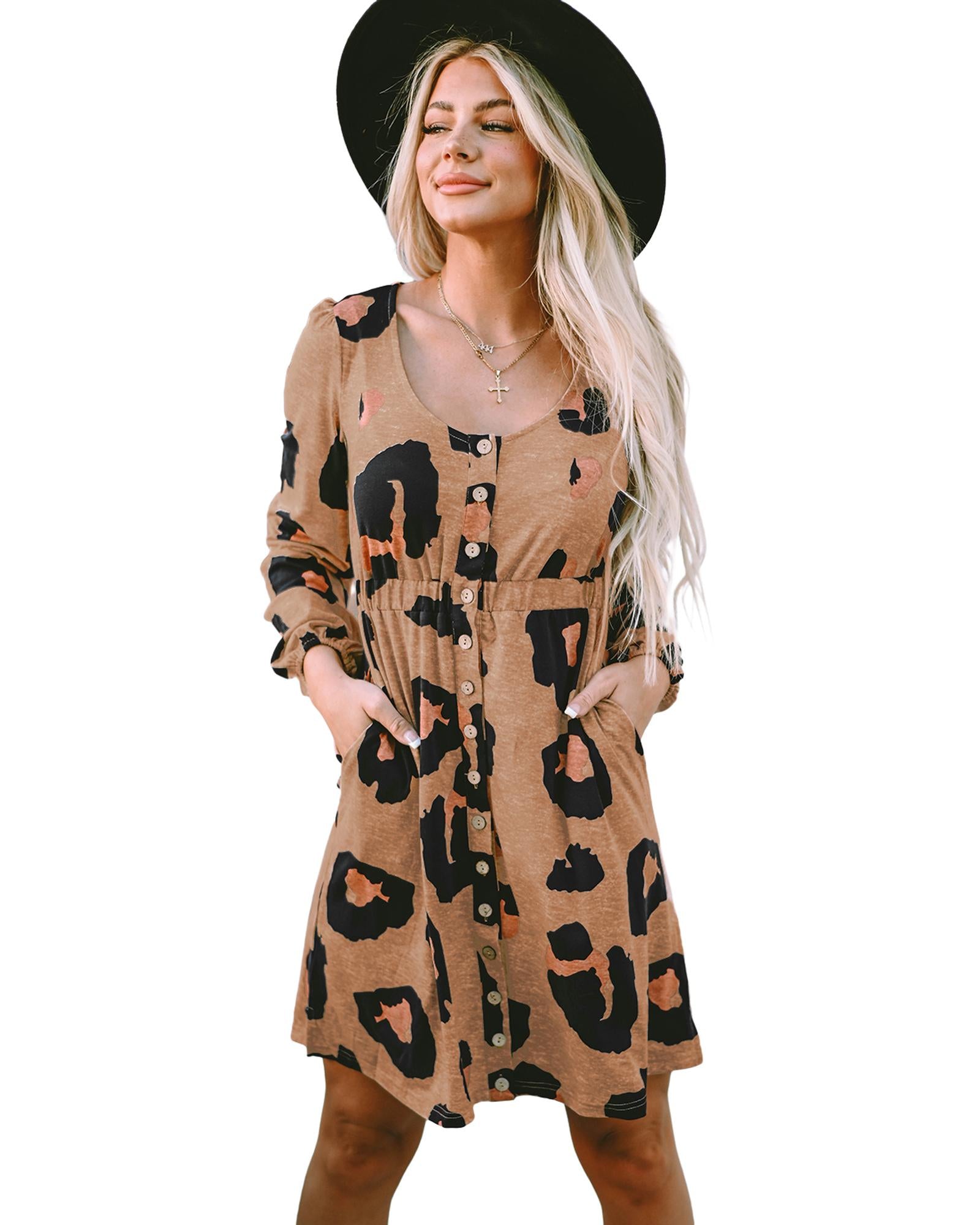 Leopard Print Button Front Bubble Sleeve Loose Knit Dress - XL