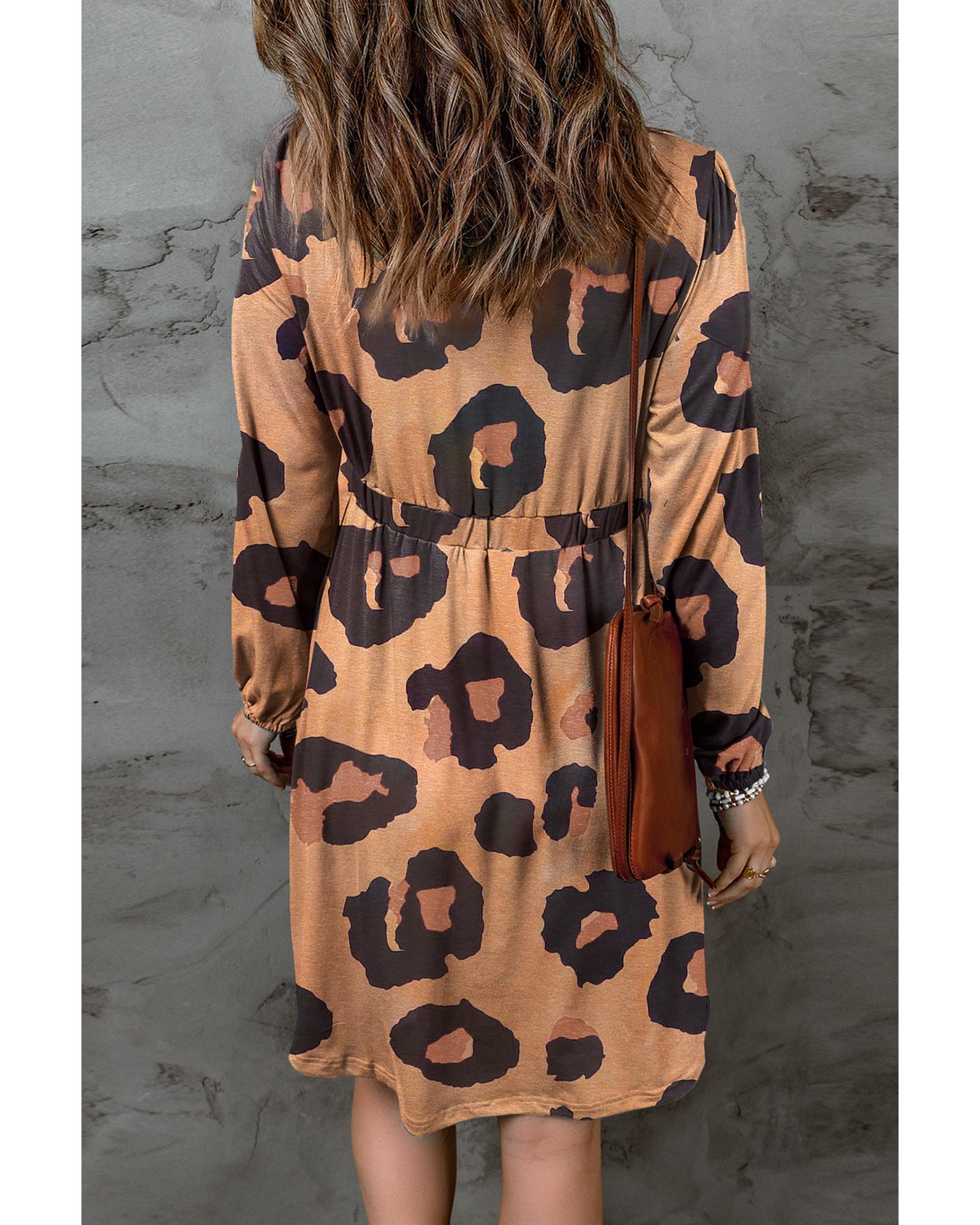 Leopard Print Button Front Bubble Sleeve Loose Knit Dress - XL