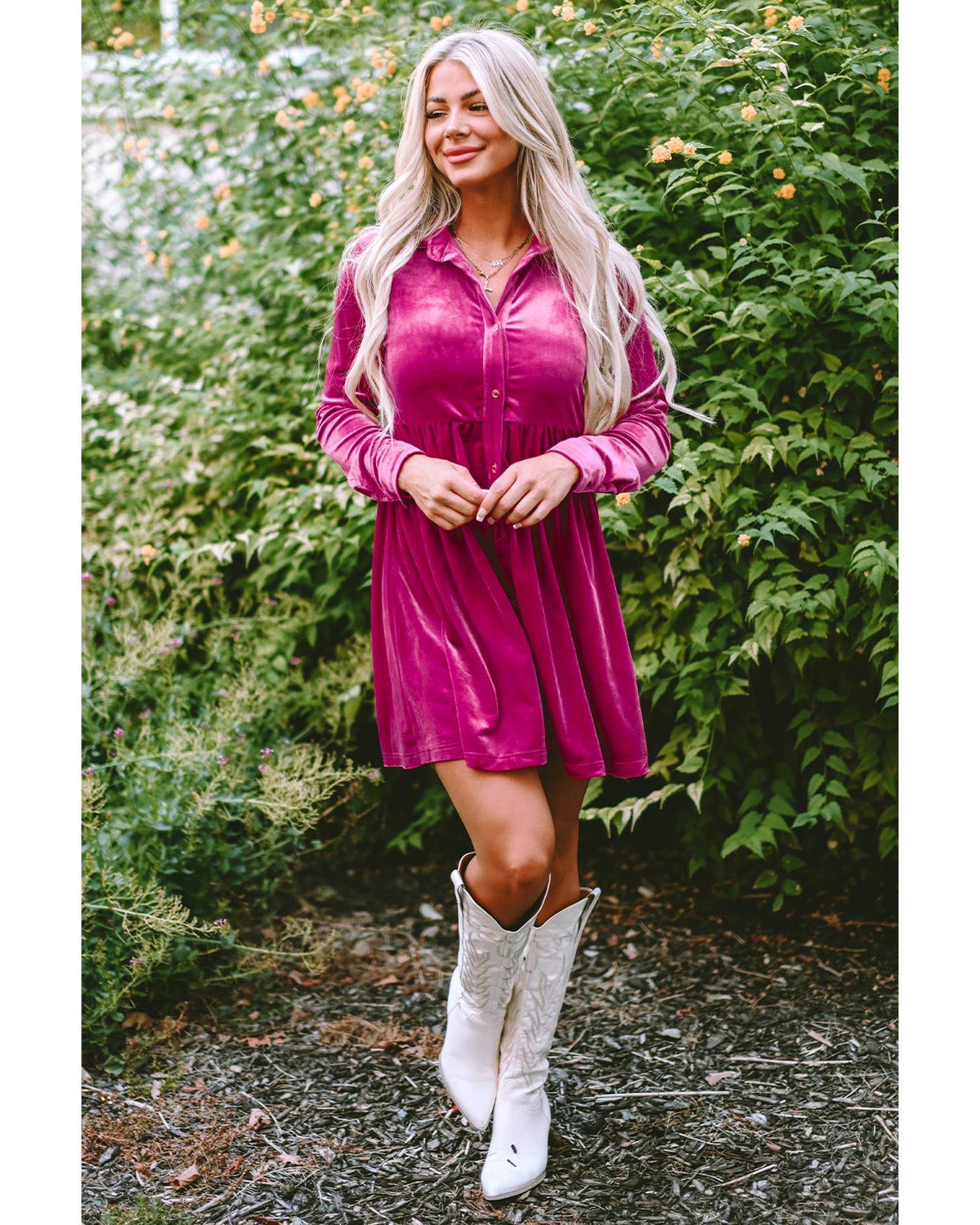 Azura Exchange Rose Long Sleeve Ruffle Velvet Button Up Dress - M