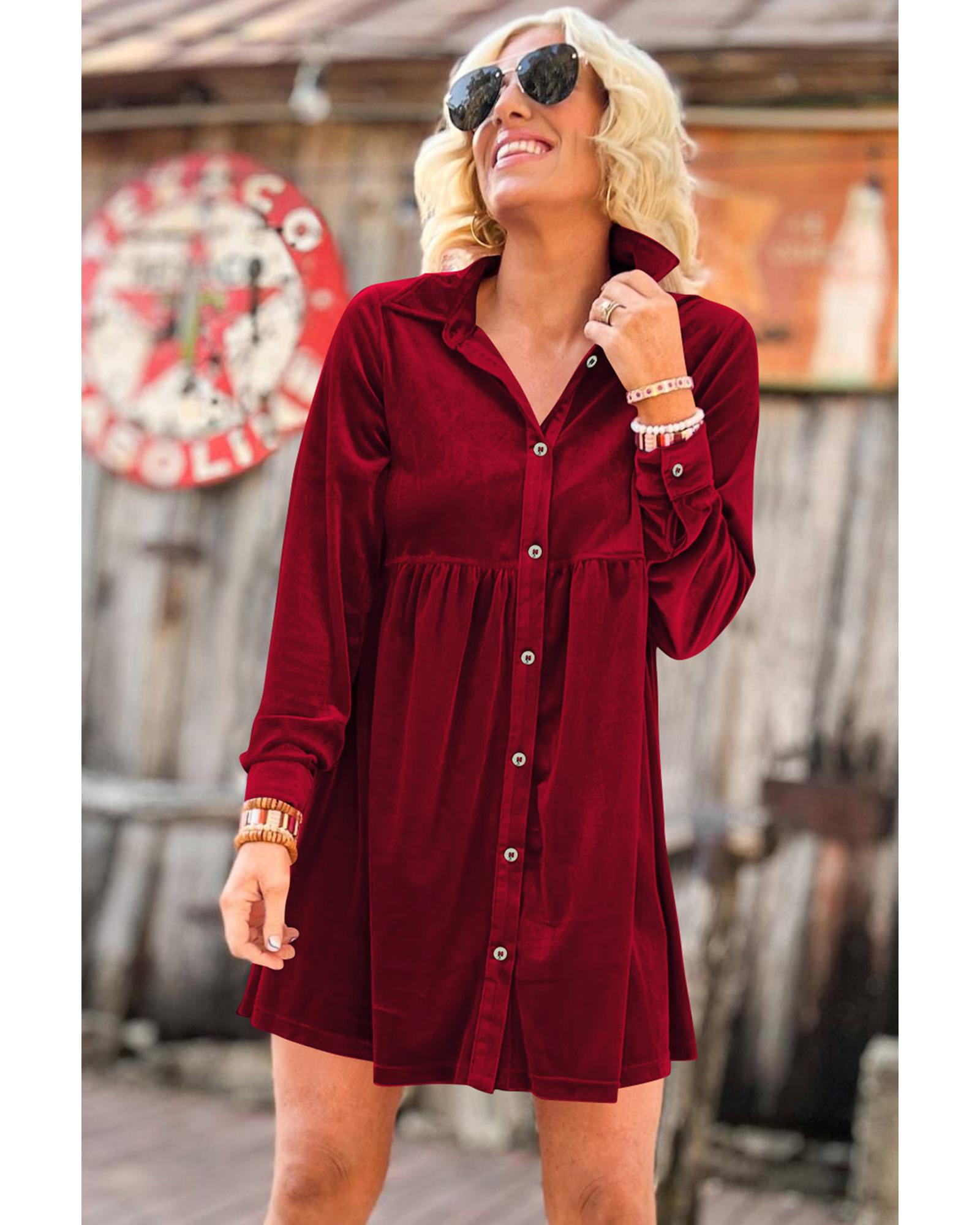 Red Long Sleeve Ruffle Velvet Button Up Dress - L