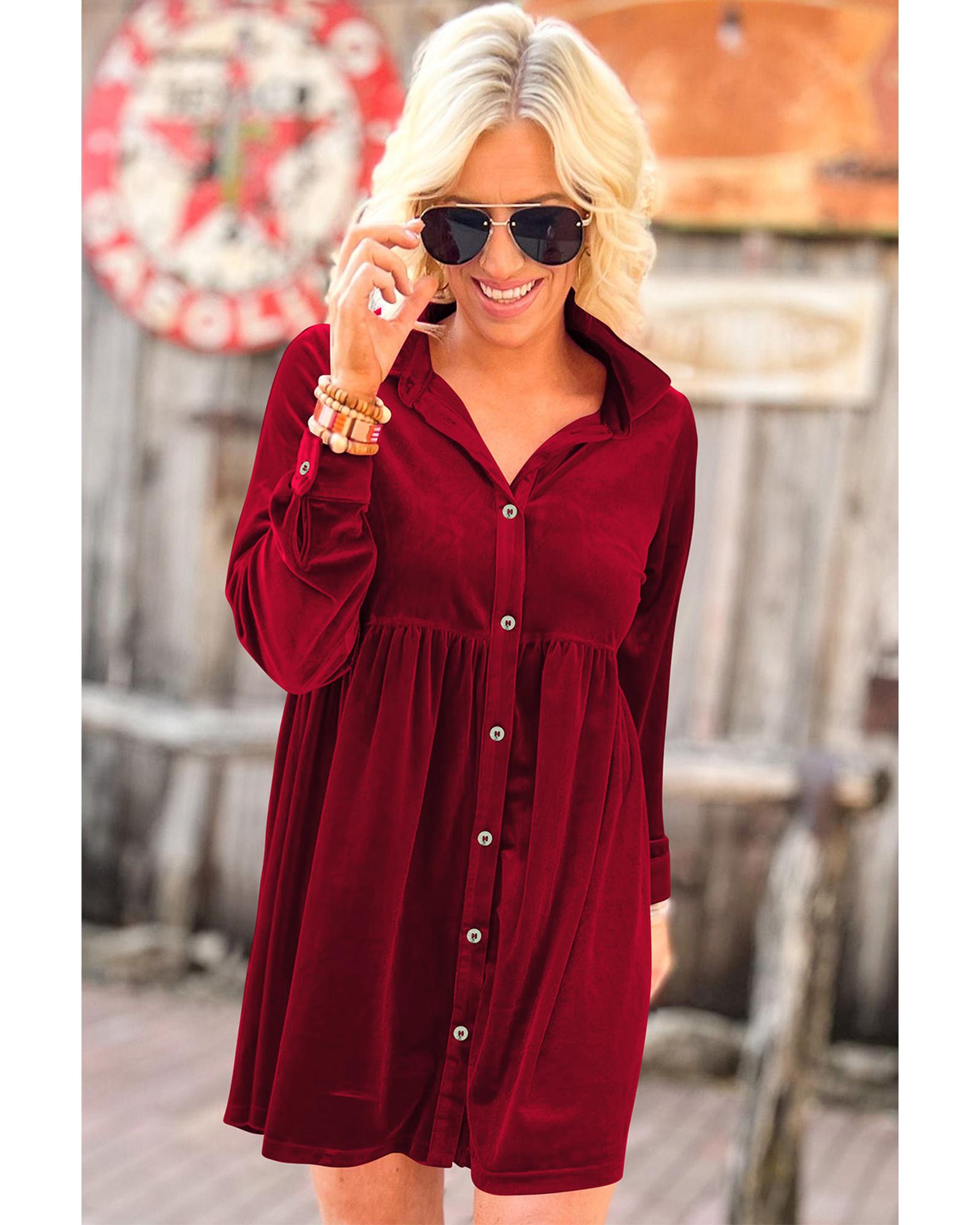 Red Long Sleeve Ruffle Velvet Button Up Dress - L