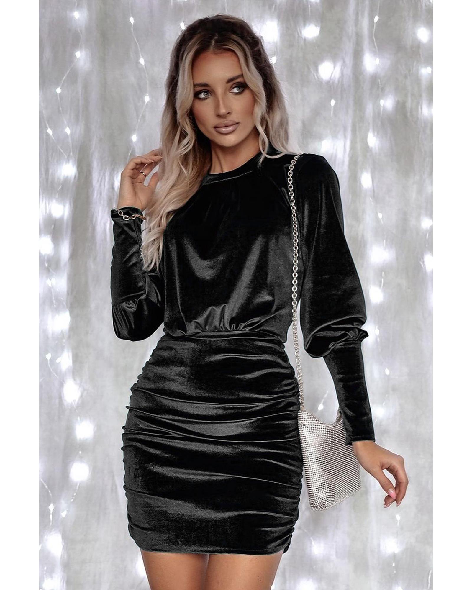 Black Velvet Puff Sleeve Ruched Bodycon Dress - XL