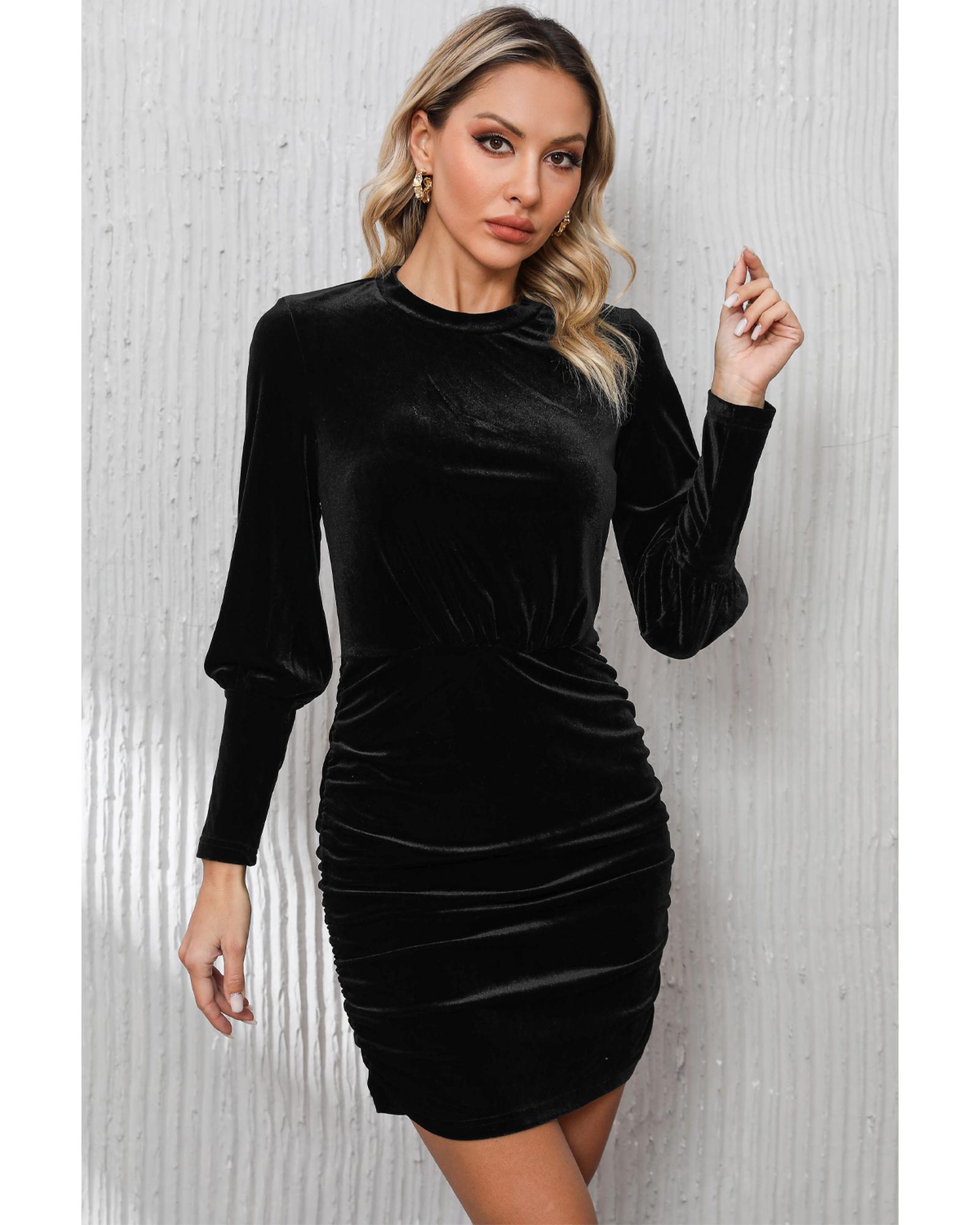 Black Velvet Puff Sleeve Ruched Bodycon Dress - XL