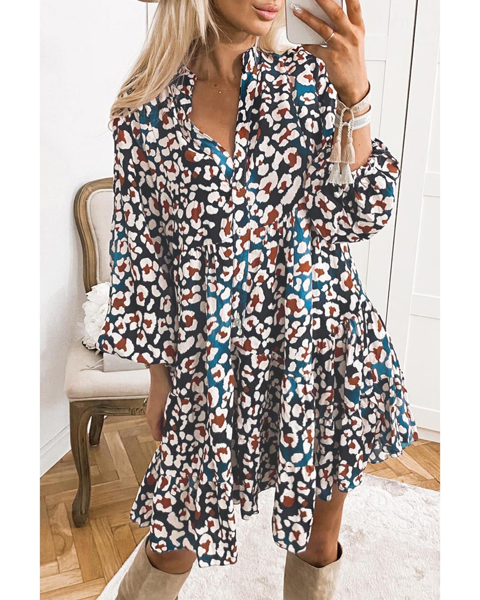 Blue Leopard Print Bubble Sleeve Ruffled Shirt Dress - L