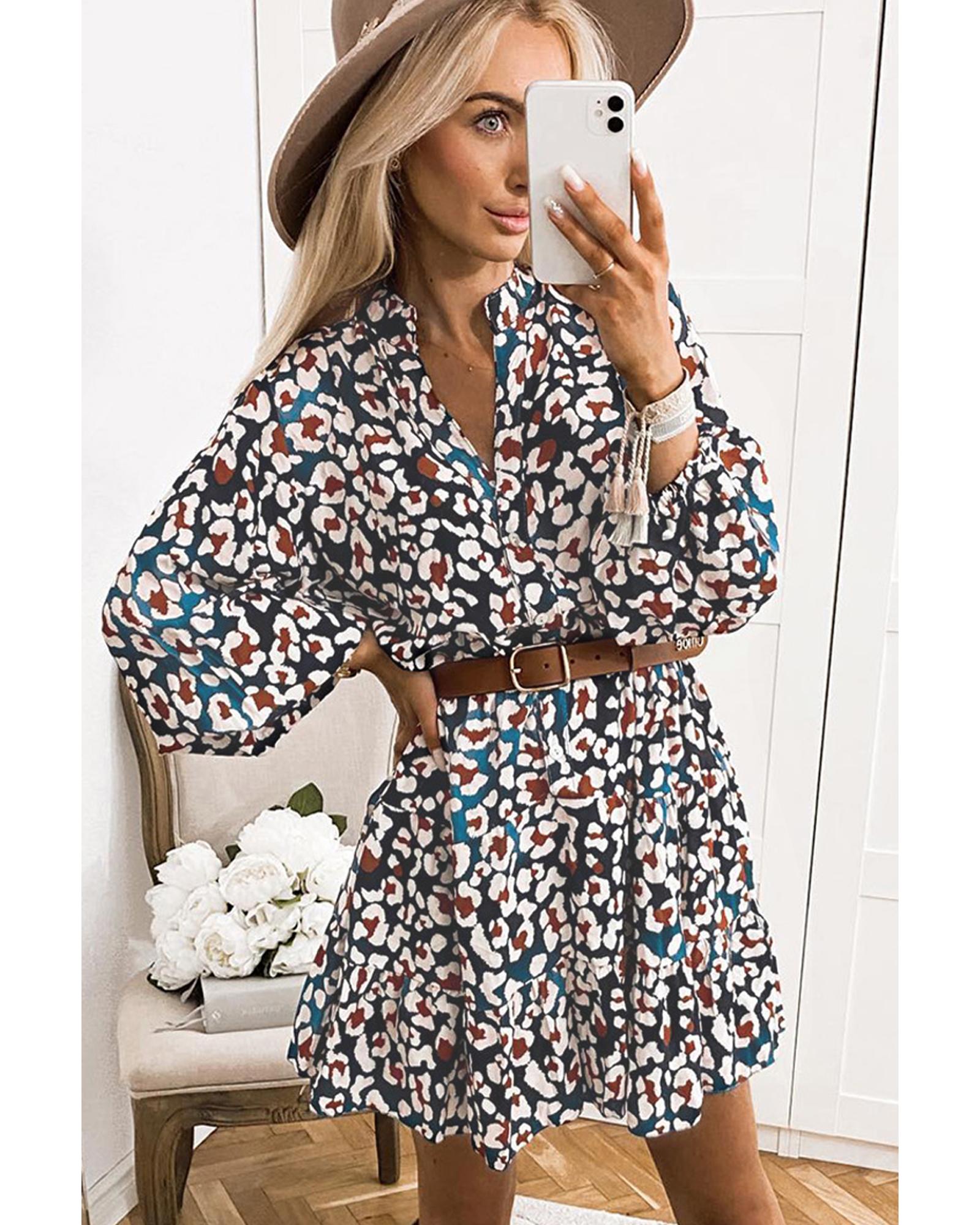 Blue Leopard Print Bubble Sleeve Ruffled Shirt Dress - L