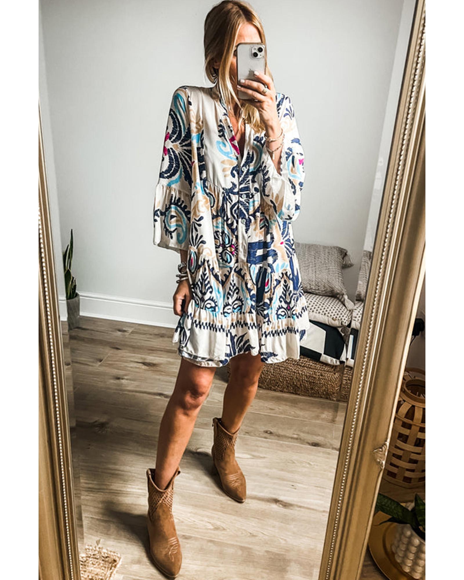 White Printed Tribal Print Bracelet Sleeve Buttoned Mini Dress - S