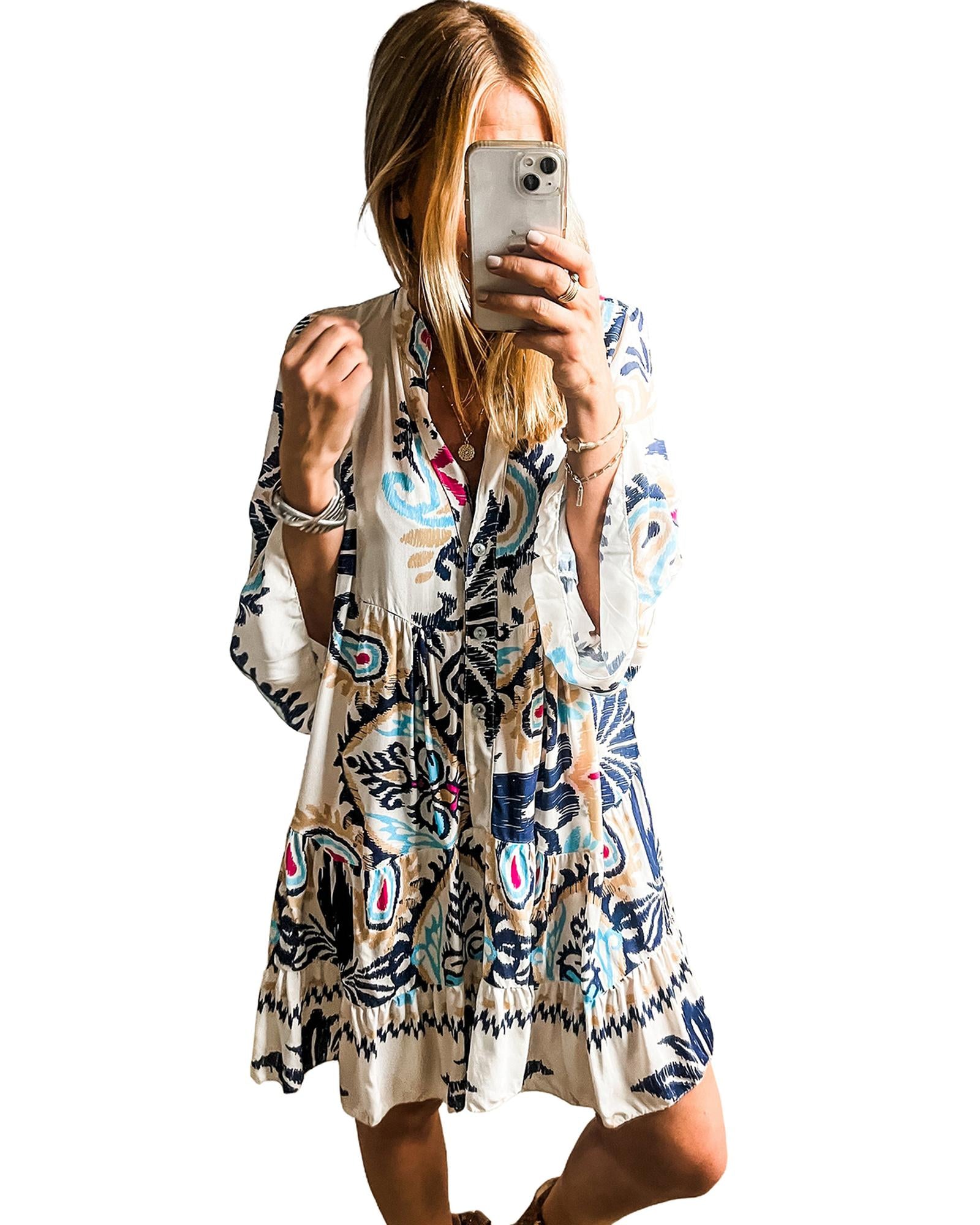 White Printed Tribal Print Bracelet Sleeve Buttoned Mini Dress - S