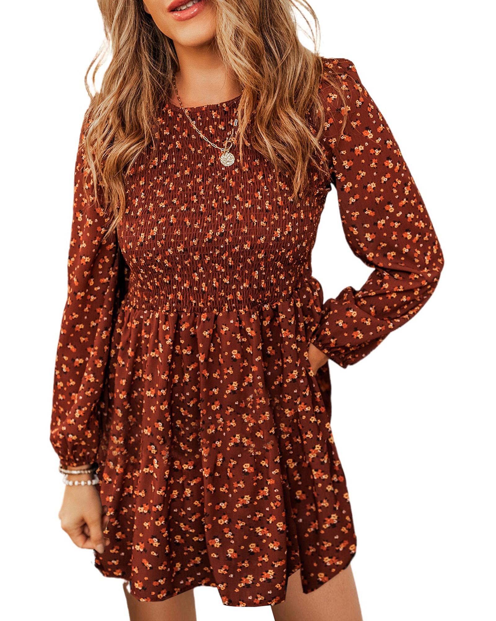 Brown Floral Smocked Bodice Mini Dress - L
