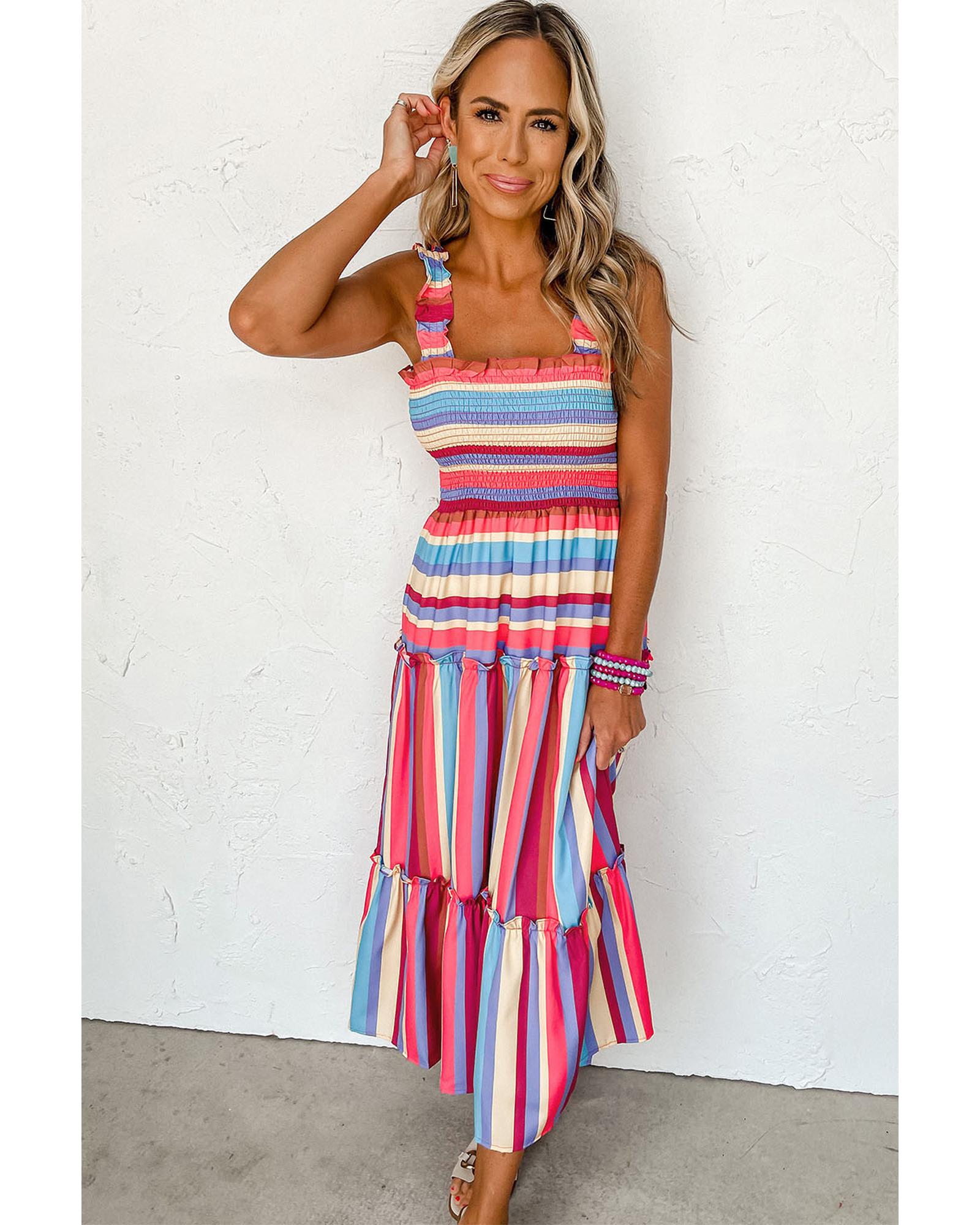 Red Stripe Ruffled Straps Smocked Tiered Long Dress - S