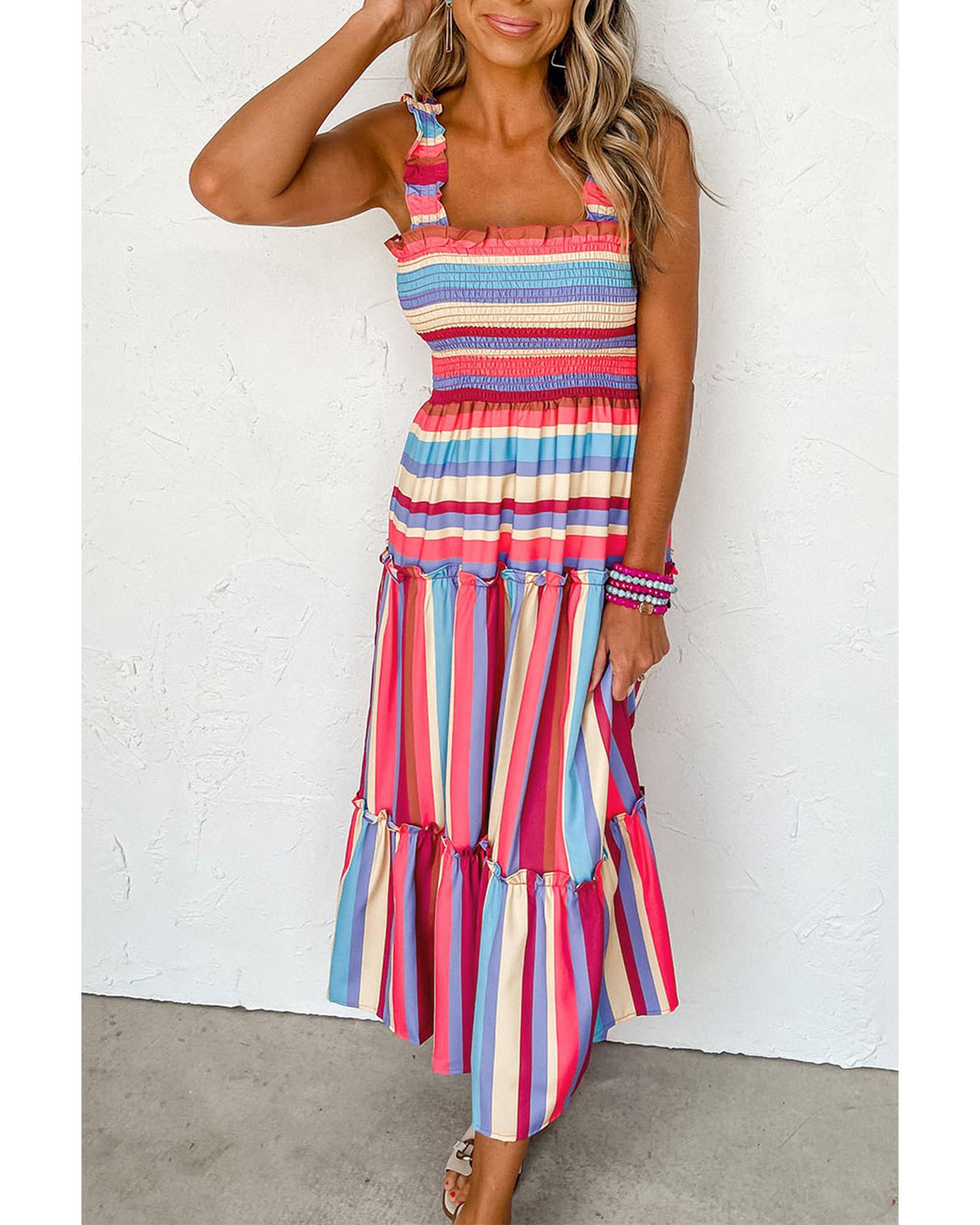 Red Stripe Ruffled Straps Smocked Tiered Long Dress - S