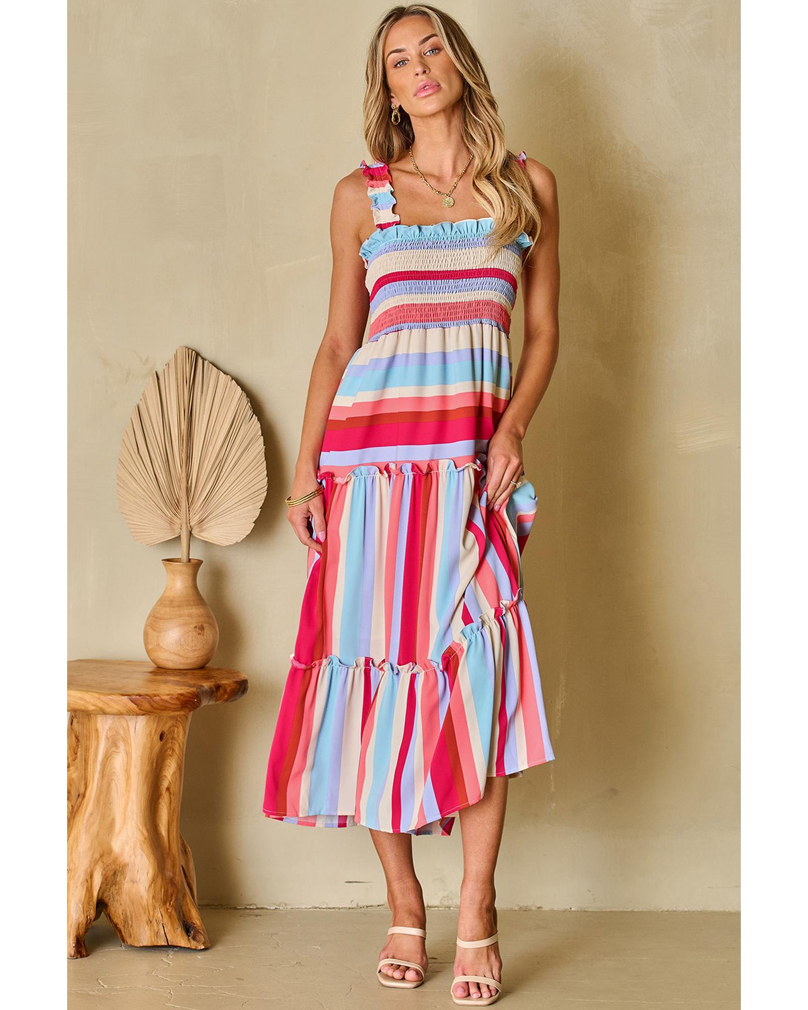 Red Stripe Ruffled Straps Smocked Tiered Long Dress - S