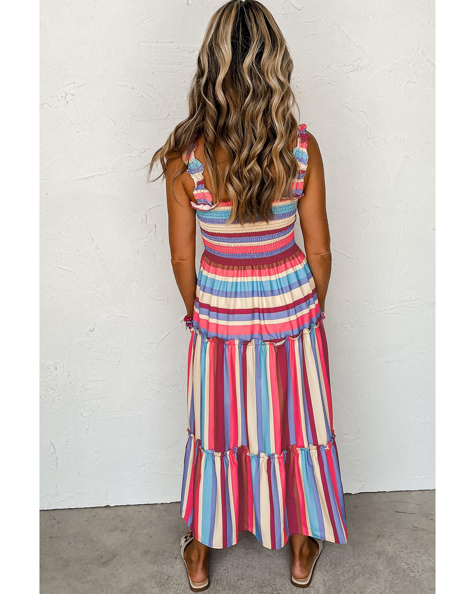 Red Stripe Ruffled Straps Smocked Tiered Long Dress - XL