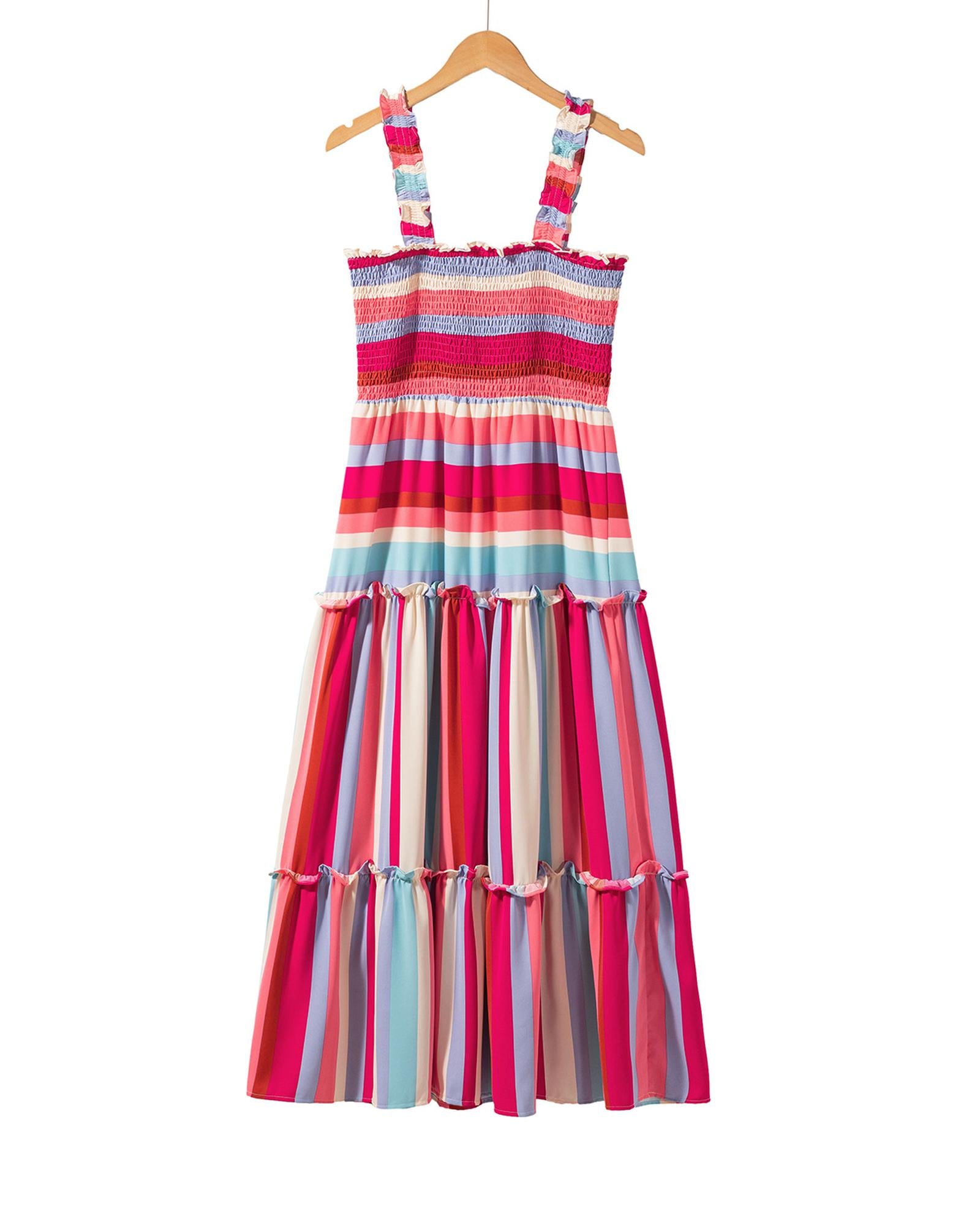 Red Stripe Ruffled Straps Smocked Tiered Long Dress - XL