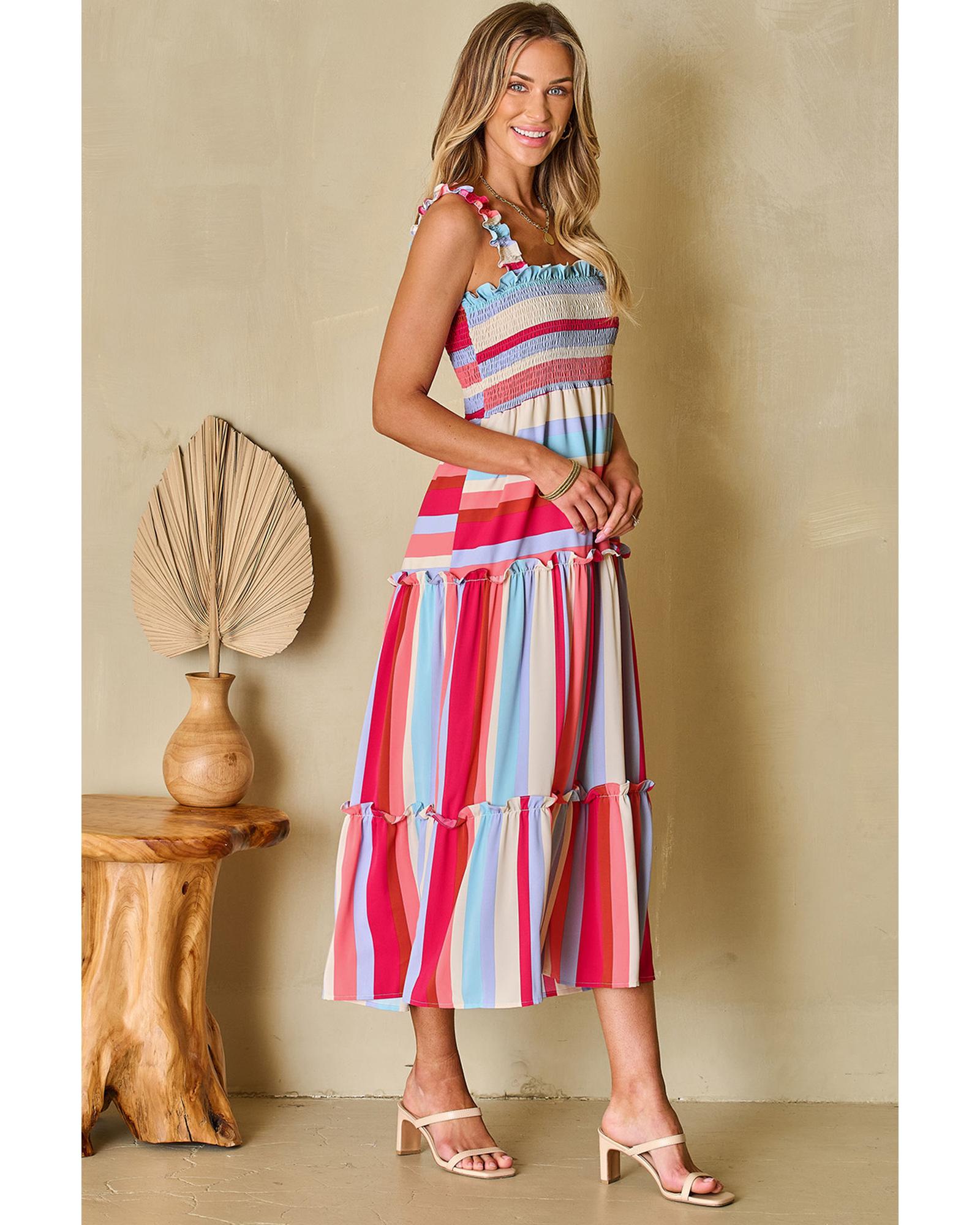 Red Stripe Ruffled Straps Smocked Tiered Long Dress - XL
