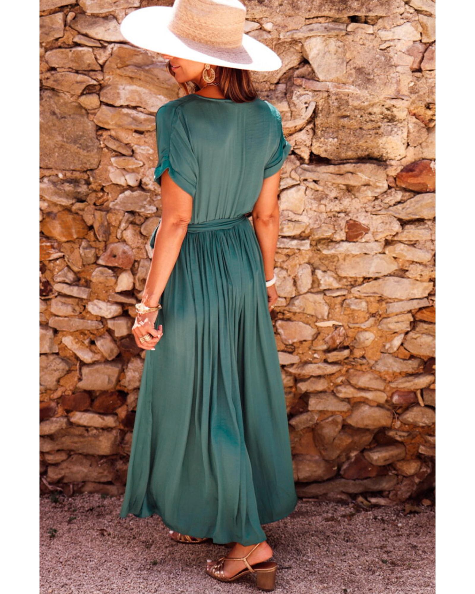 Blackish Green Solid Color V Neck Wrap Pleated Short Sleeve Maxi Dress - L