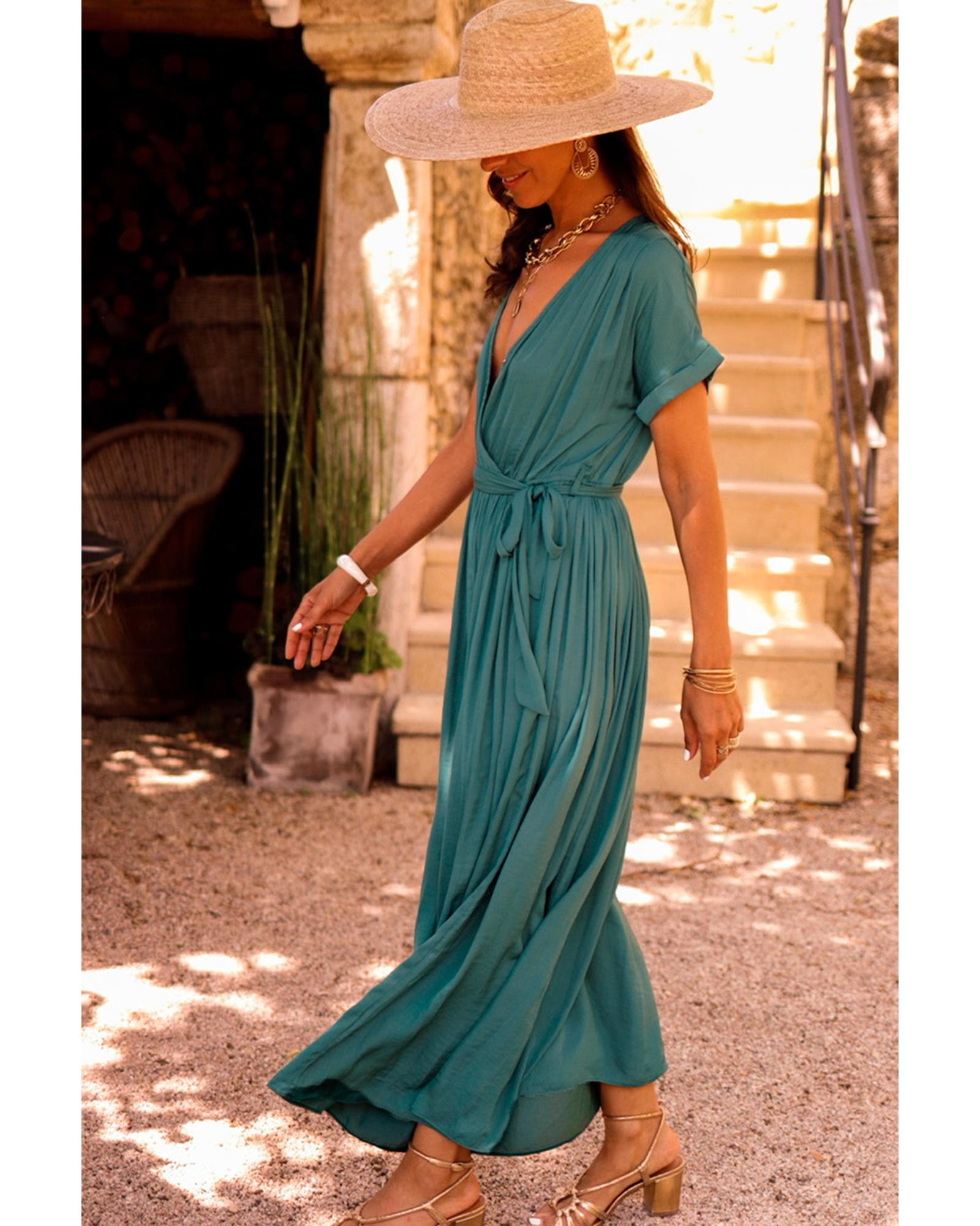 Blackish Green Solid Color V Neck Wrap Pleated Short Sleeve Maxi Dress - S
