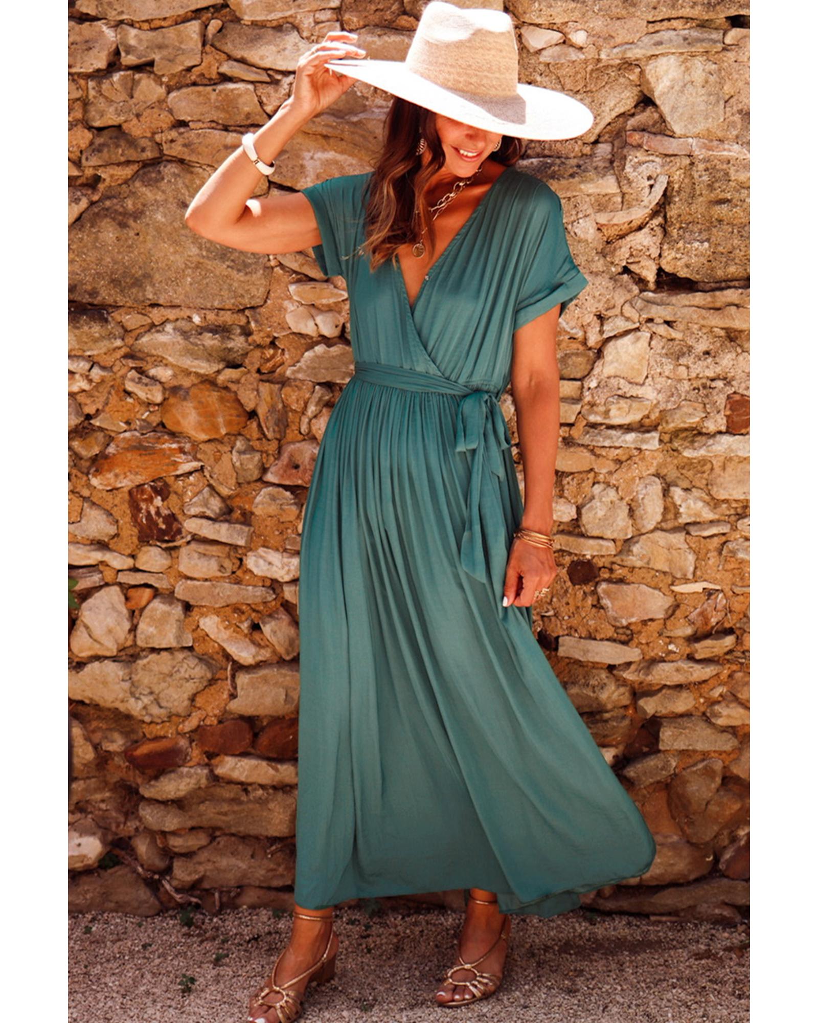 Blackish Green Solid Color V Neck Wrap Pleated Short Sleeve Maxi Dress - S