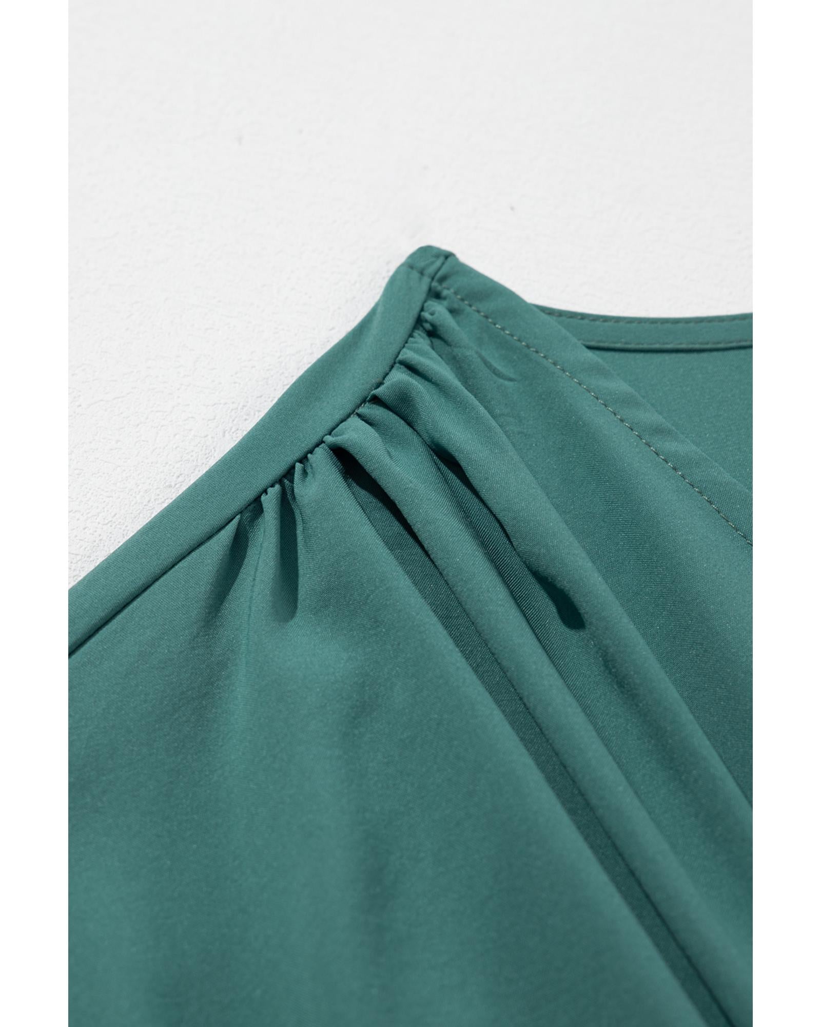 Blackish Green Solid Color V Neck Wrap Pleated Short Sleeve Maxi Dress - S