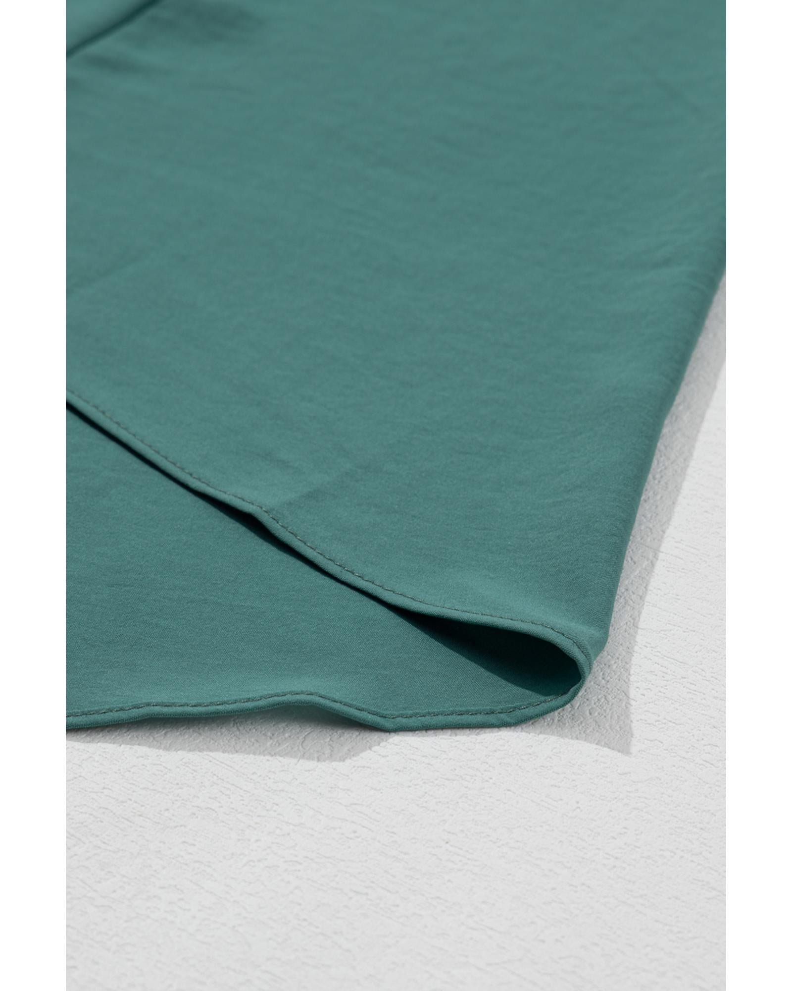 Blackish Green Solid Color V Neck Wrap Pleated Short Sleeve Maxi Dress - S