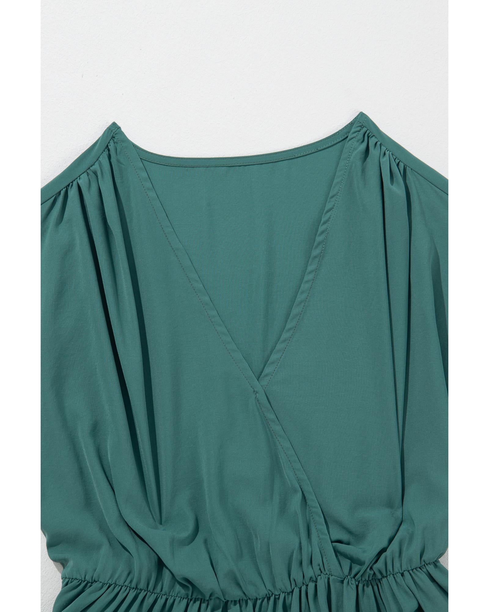 Blackish Green Solid Color V Neck Wrap Pleated Short Sleeve Maxi Dress - S