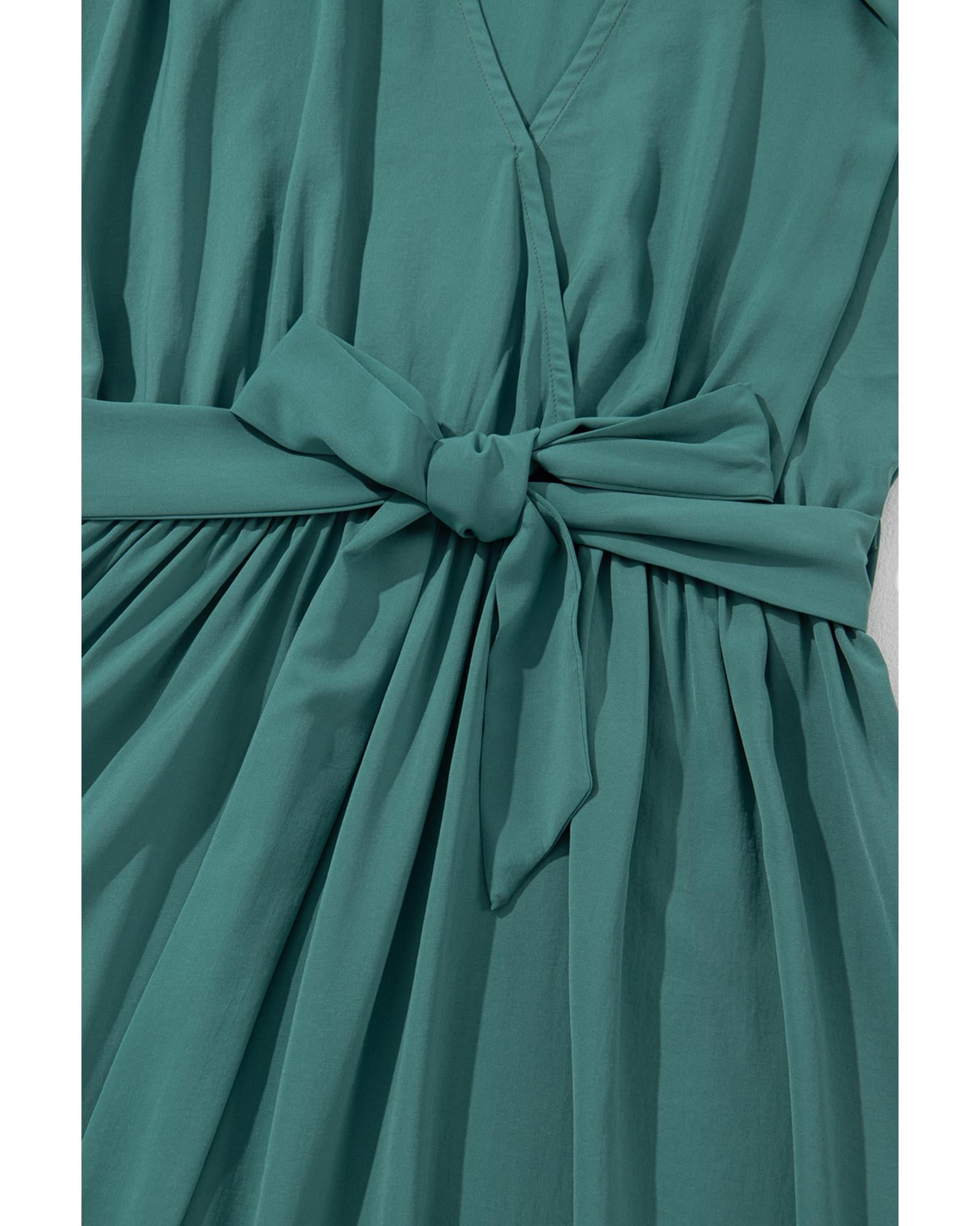Blackish Green Solid Color V Neck Wrap Pleated Short Sleeve Maxi Dress - S
